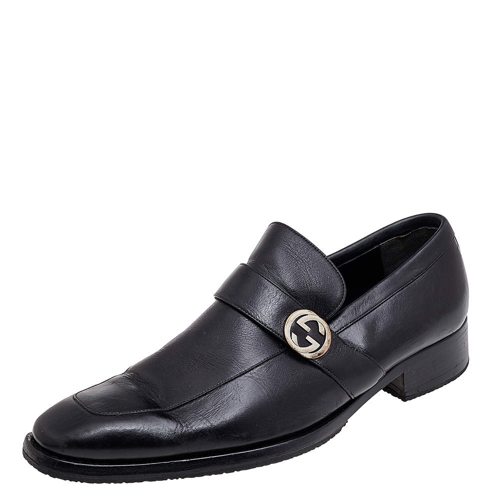 Pre Owned Gucci Black Leather Interlocking G Slip On Loafers Size 42