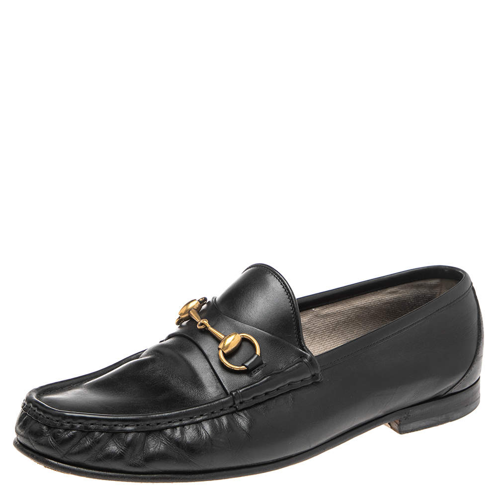 Pre Owned Gucci Black Leather Horsebit Slip On Loafers Size 43