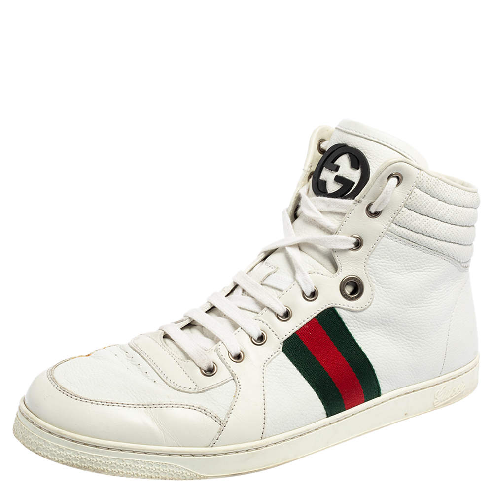 Gucci White Leather Web Detail High-Top Sneakers Size 45 Gucci | TLC