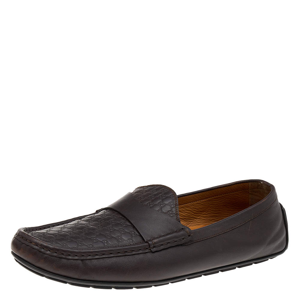 مملوكة مسبقًا حذاء لوفرز غوتشي جلد غوتشيسيما بني سليب أون مقاس 46.5