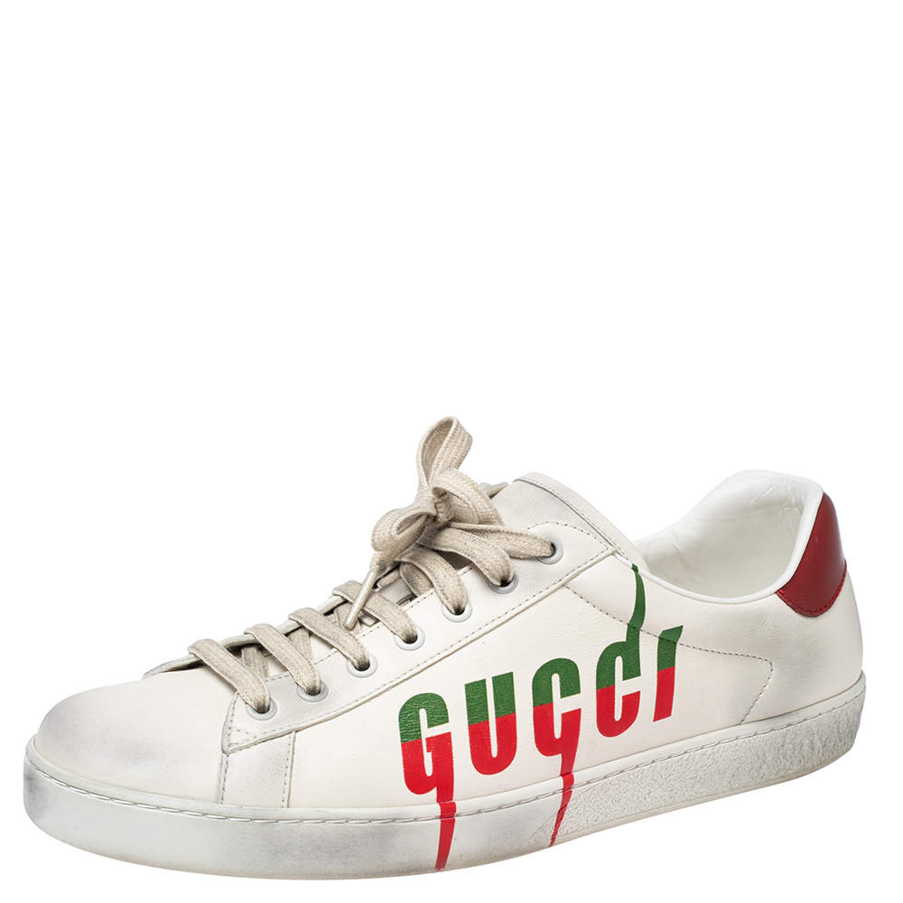 مملوكة مسبقًا Gucci Off White Leather Ace Blade Print Low Top Sneakers Size 44.5