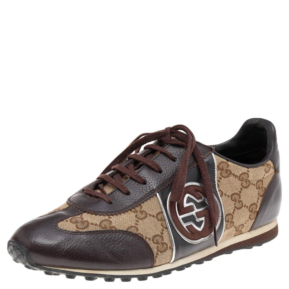 Pre Owned Gucci Brown/Beige Leather And GG Canvas Lace Up Low Top Sneakers Size 41