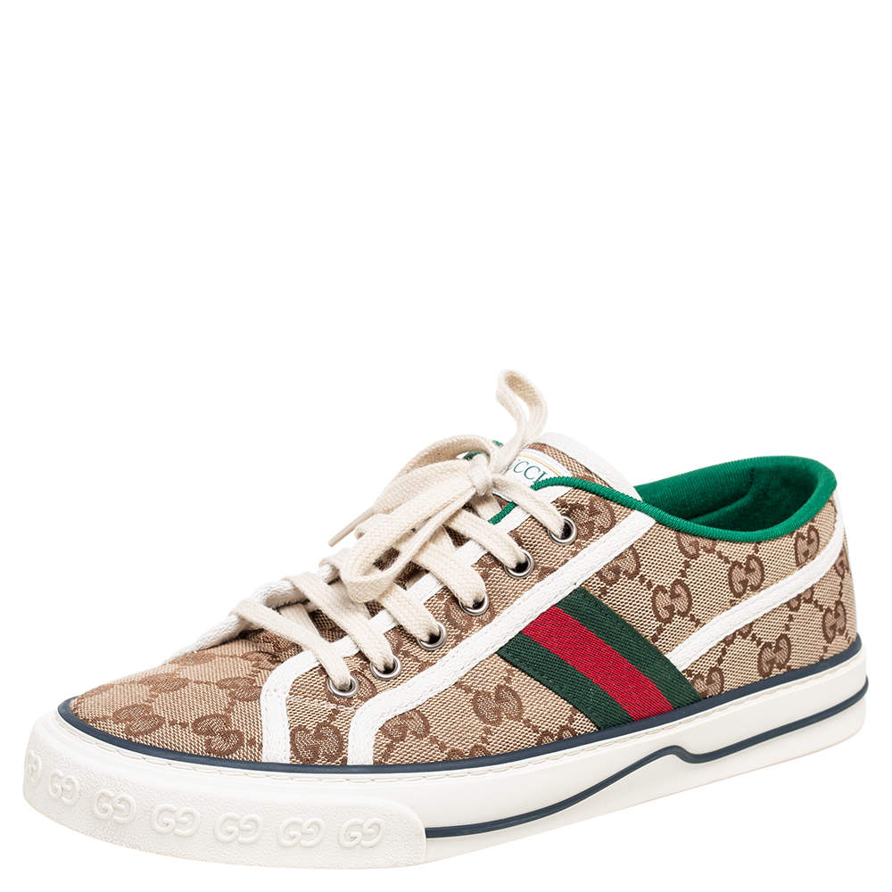 Pre Owned حذاء رياضي غوتشي جلد وكانفاس جي جي سوبريم بني/بيج منخفض من أعلى مقاس 39
