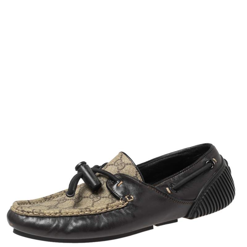 Gucci Beige/Dark Brown Coated Canvas and Leather Toggle Cord Loafers Size 41