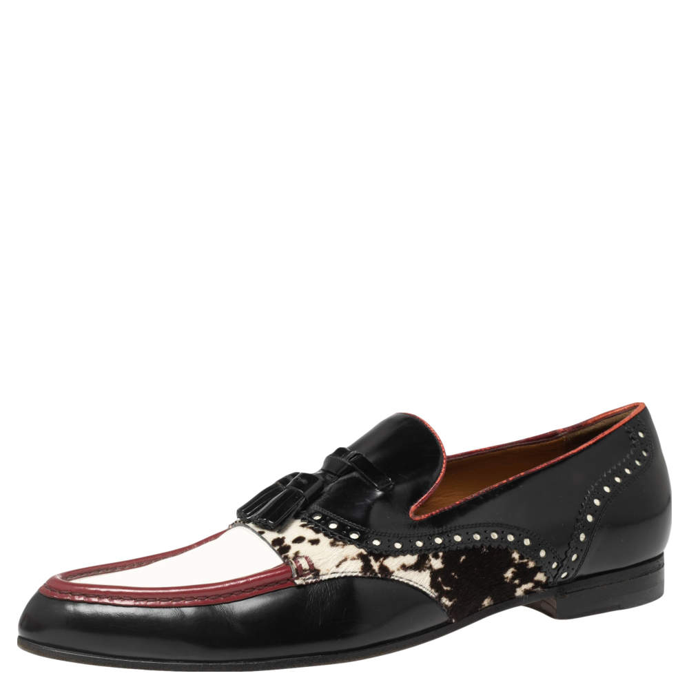 Gucci Multicolor Leather and Printed Calf Hair Trim Tassel Detail Slip-on Loafers Size 43