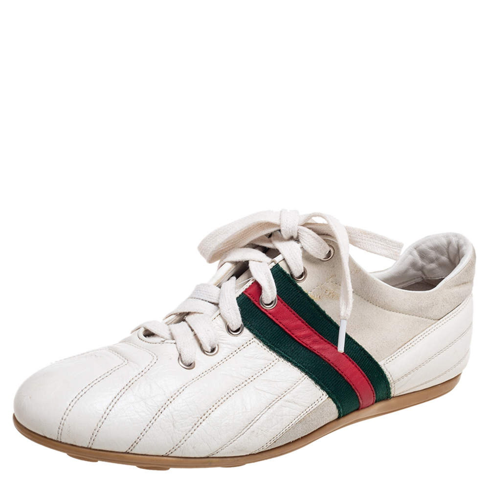 Gucci White/Grey Leather And Suede Web Detail Lace Up Sneakers Size 41
