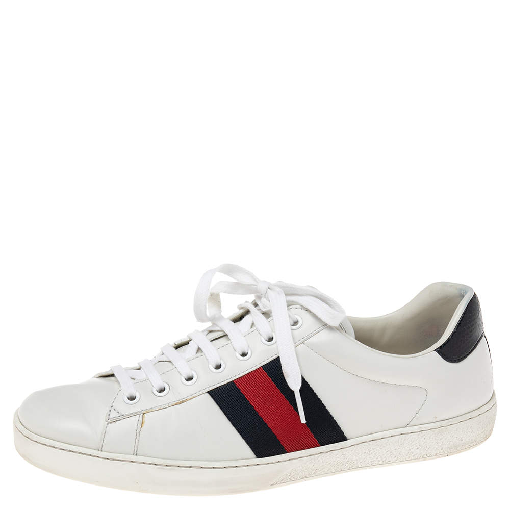 مملوكة مسبقًا Gucci White Leather Web Ace Low-Top Sneakers Size 43.5