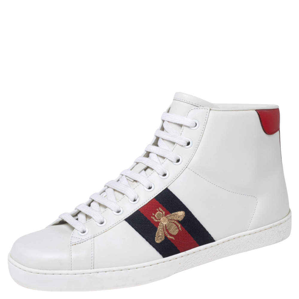 Pre Owned Gucci White Leather Embroidered Bee Web Ace High-Top Sneakers Size 41.5 