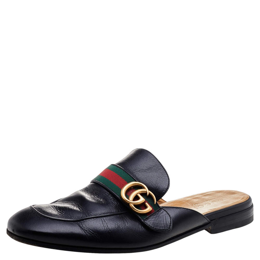 Pre Owned Gucci Black Leather GG Web Princetown Slide Mules Size 43