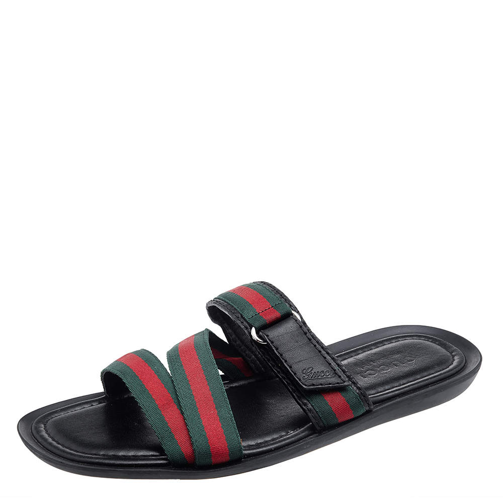 Pre Owned Gucci Black Leather And Web Tape Detail Slide Flat Sandals Size 42