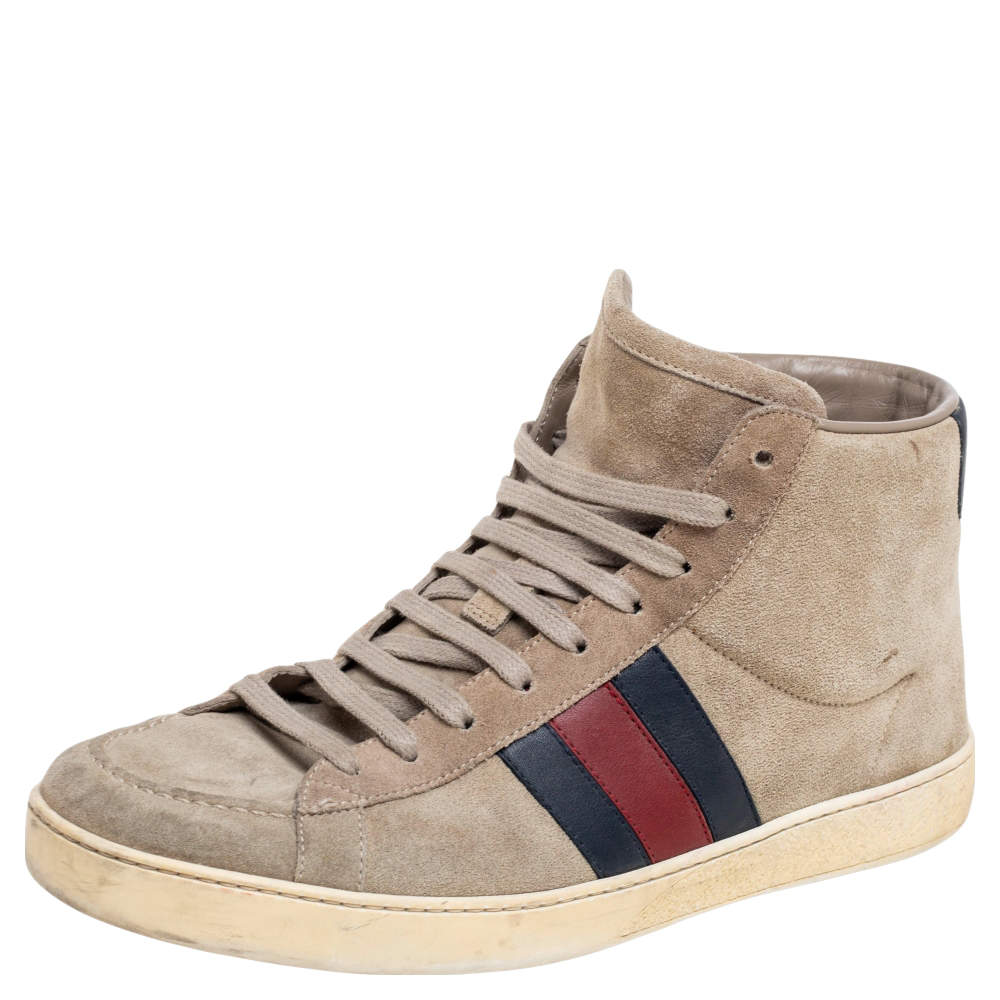 Pre Owned Gucci Grey Suede Web Detail High Top Sneakers Size 41.5