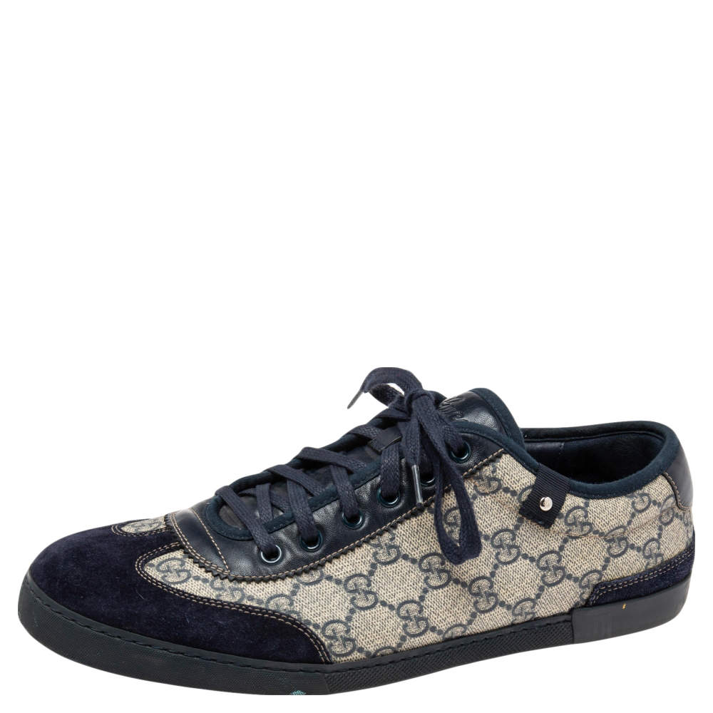 Gucci Navy Blue/Beige GG Supreme Canvas and Suede Low-Top Sneakers Size 42