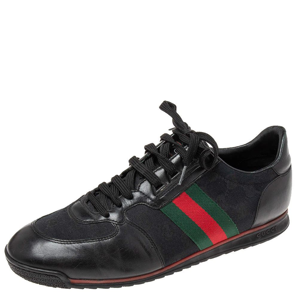 Gucci Black GG Canvas And Leather Web Low Top Sneakers Size 42.5
