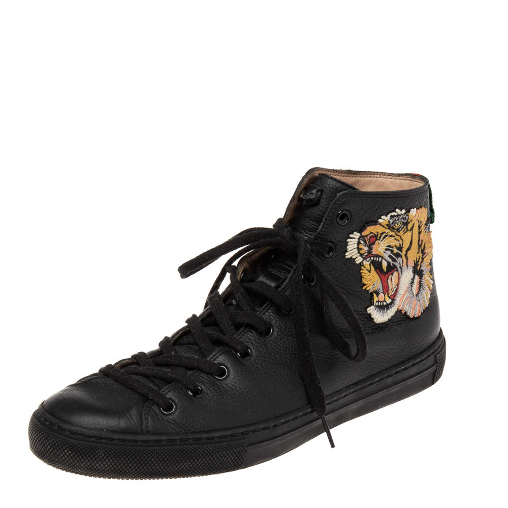 Gucci Black Leather Tiger Patch High Top Sneakers Size Gucci | TLC