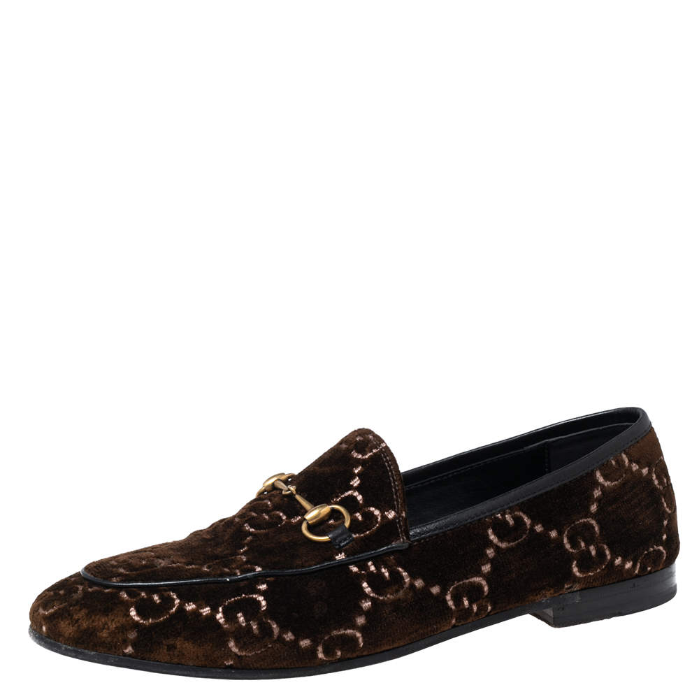 Pre Owned Gucci Brown GG Velvet Jordaan Loafers Size 40