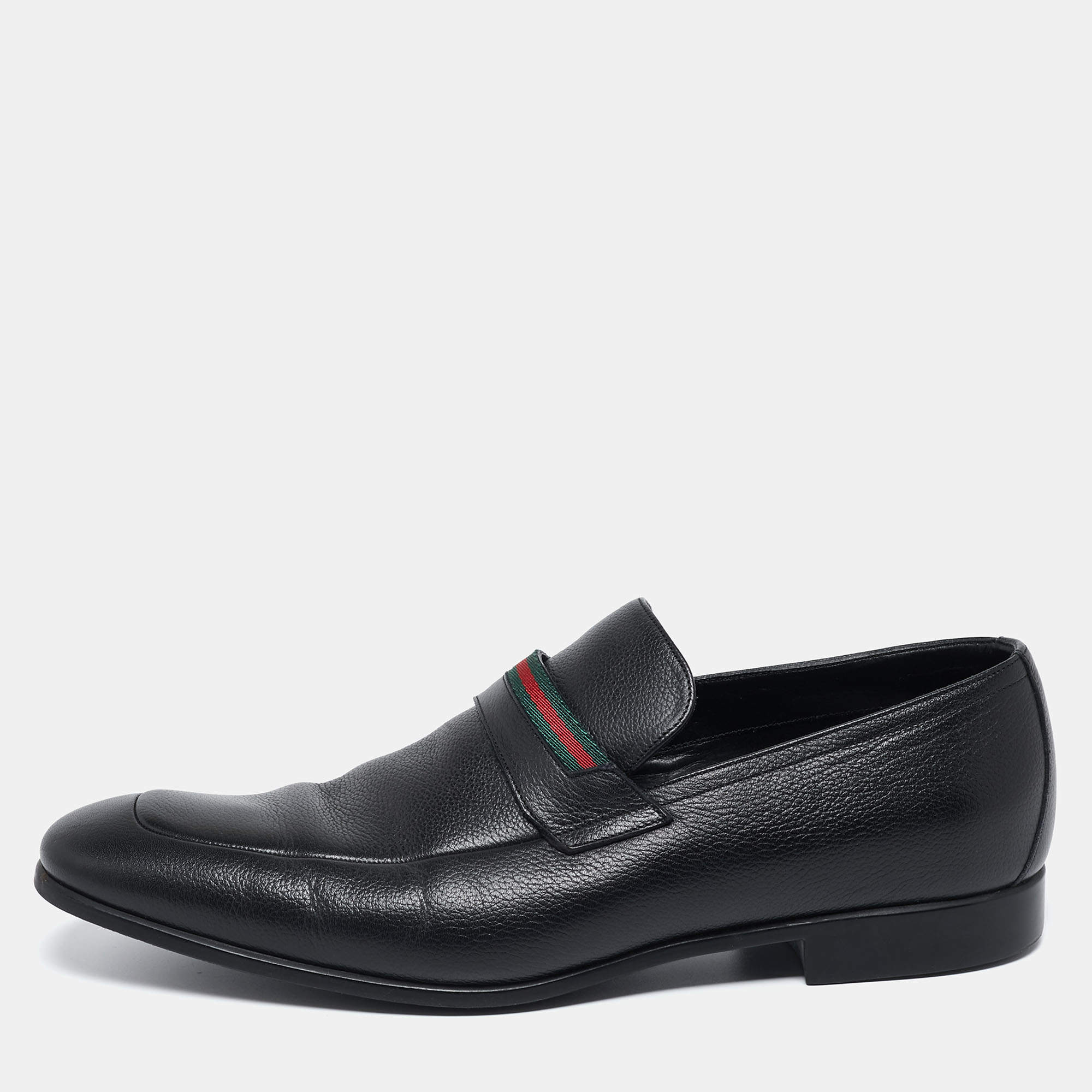 Pre Owned Gucci Black Leather Web Slip On Loafers Size 41.5
