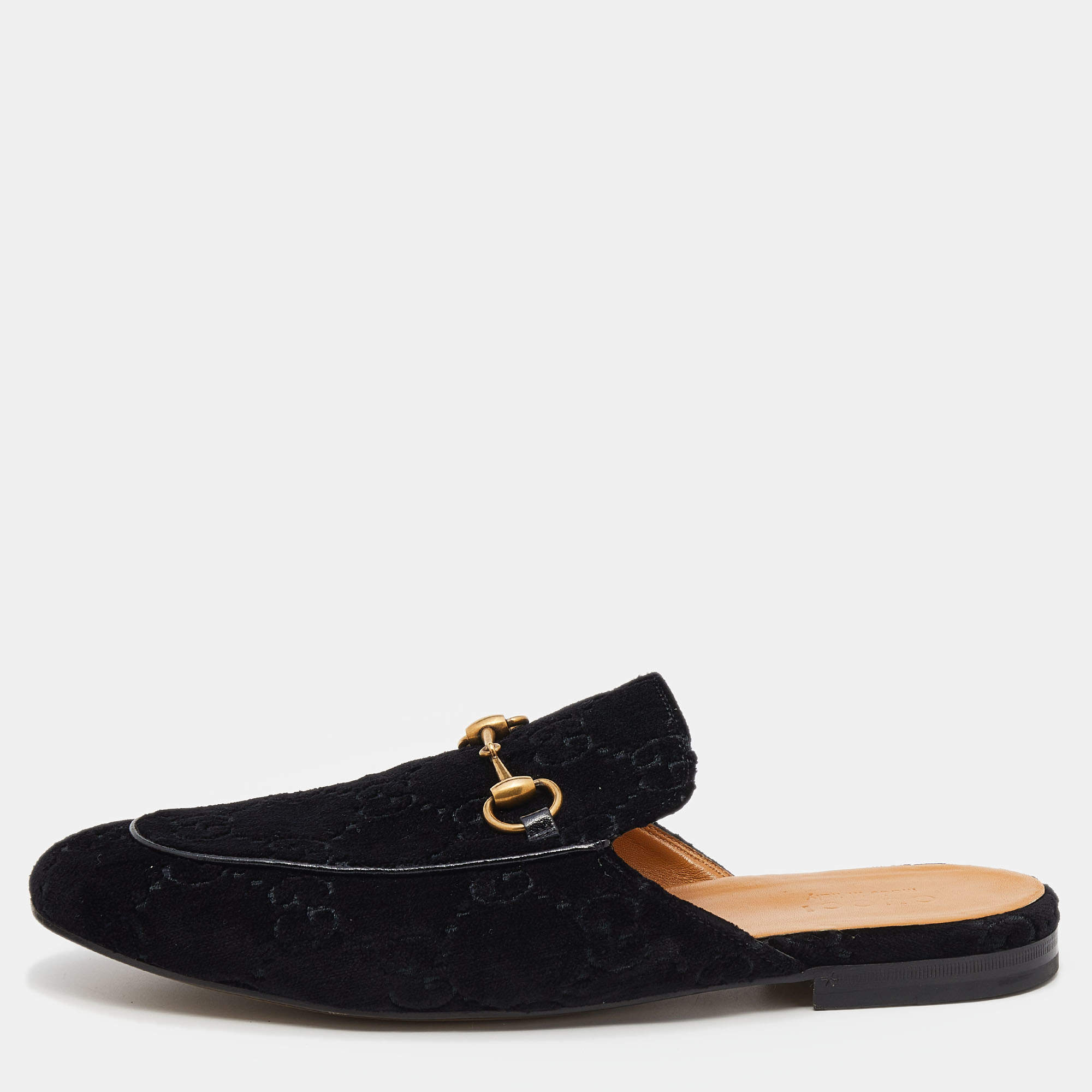 Pre Owned Gucci Black GG Velvet Princetown Horsebit Flat Mules Size 44.5