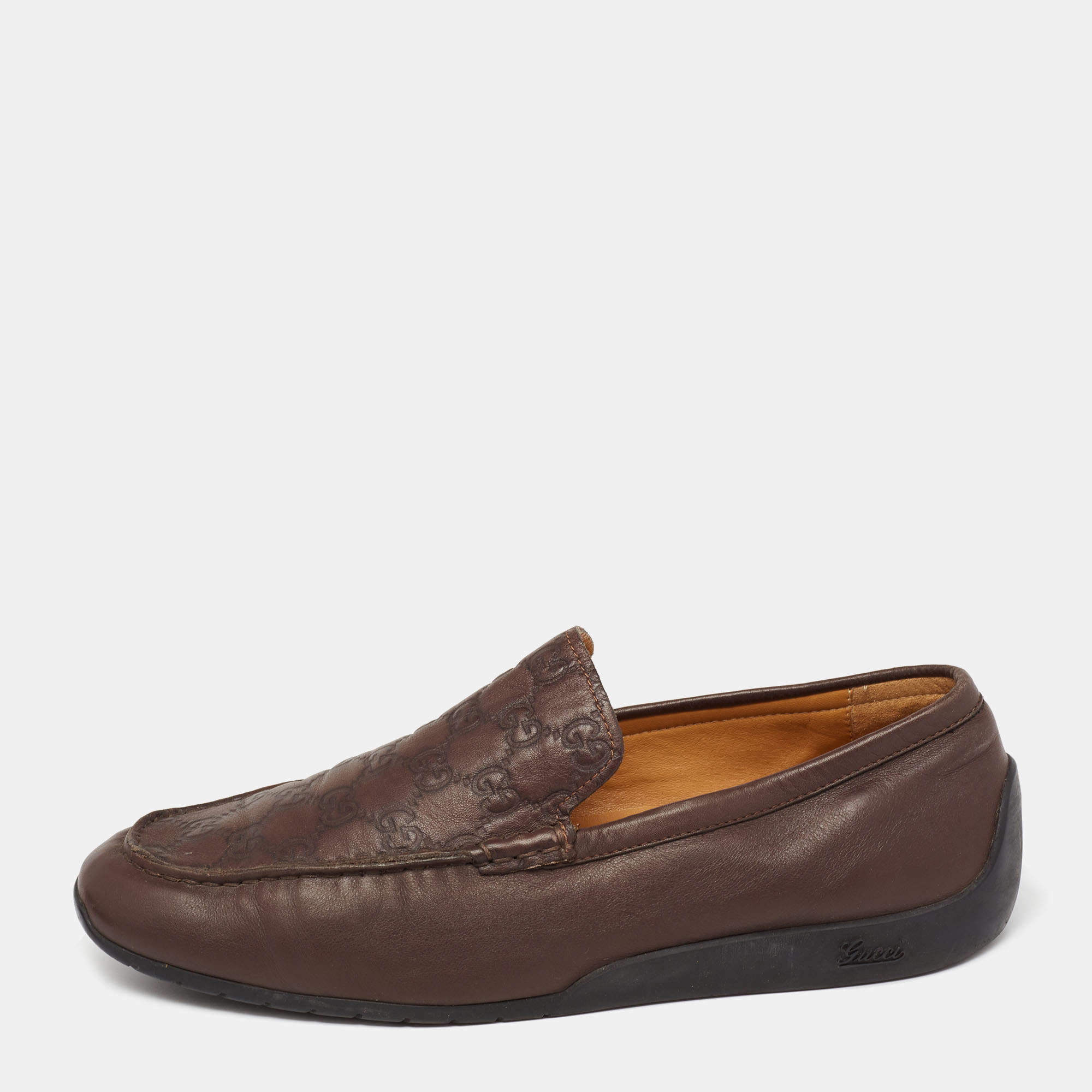 Pre Owned Gucci Brown Guccissima Leather GG Slip On Loafers Size 43.5