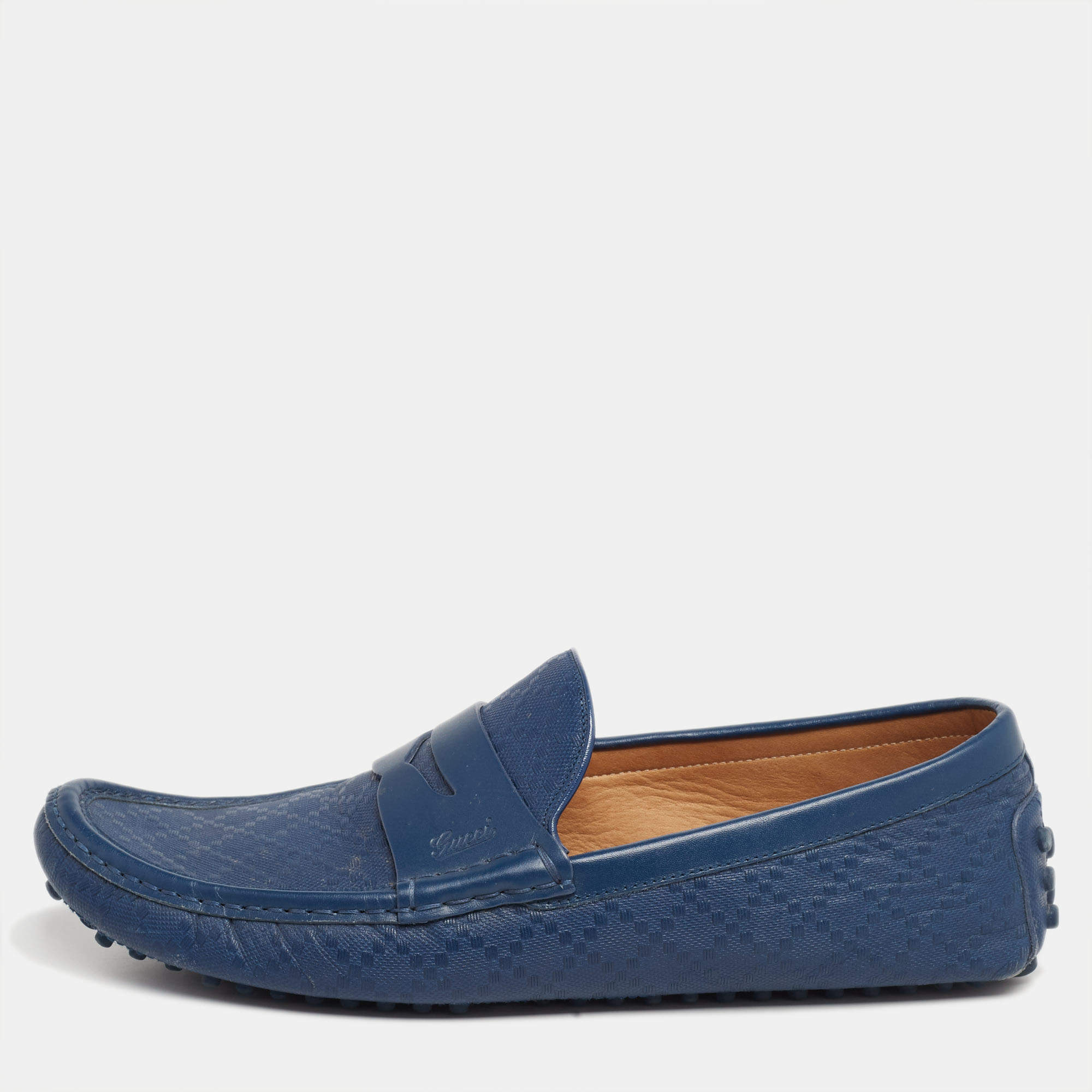 Pre Owned حذاء لوفرز غوتشي جلد ديامانت أزرق سير بيني مقاس 44.5