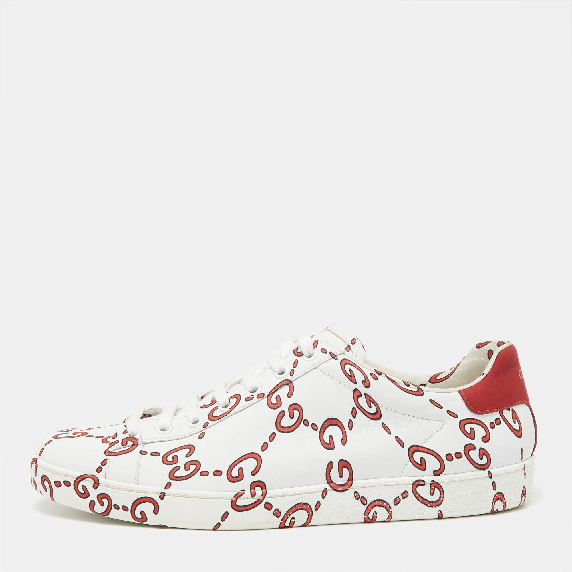Gucci White/Red Leather Ghost GG Ace Low-Top Sneakers Size 41