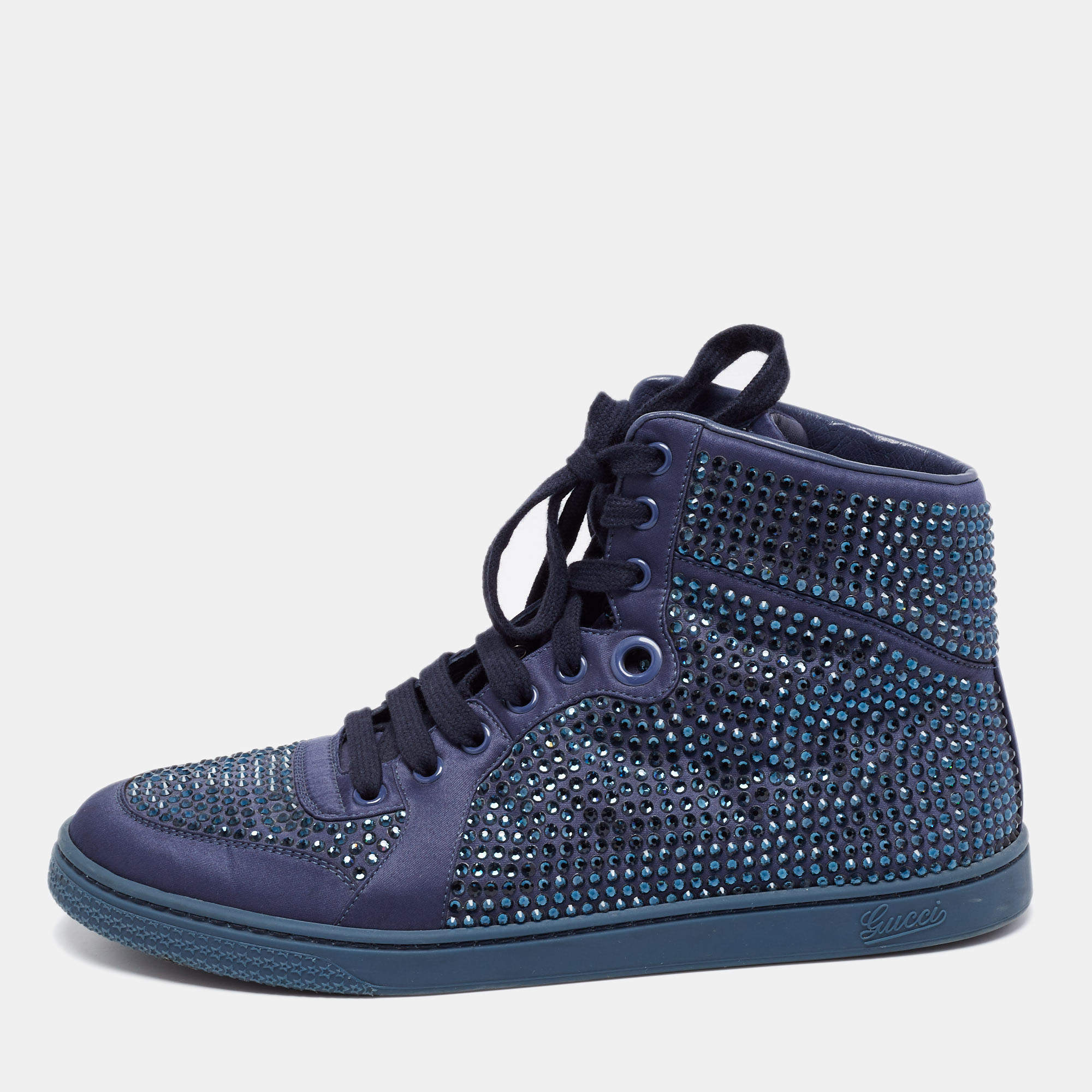 Gucci Blue Satin Crystal Embellished Top Sneakers Size 39.5 | TLC