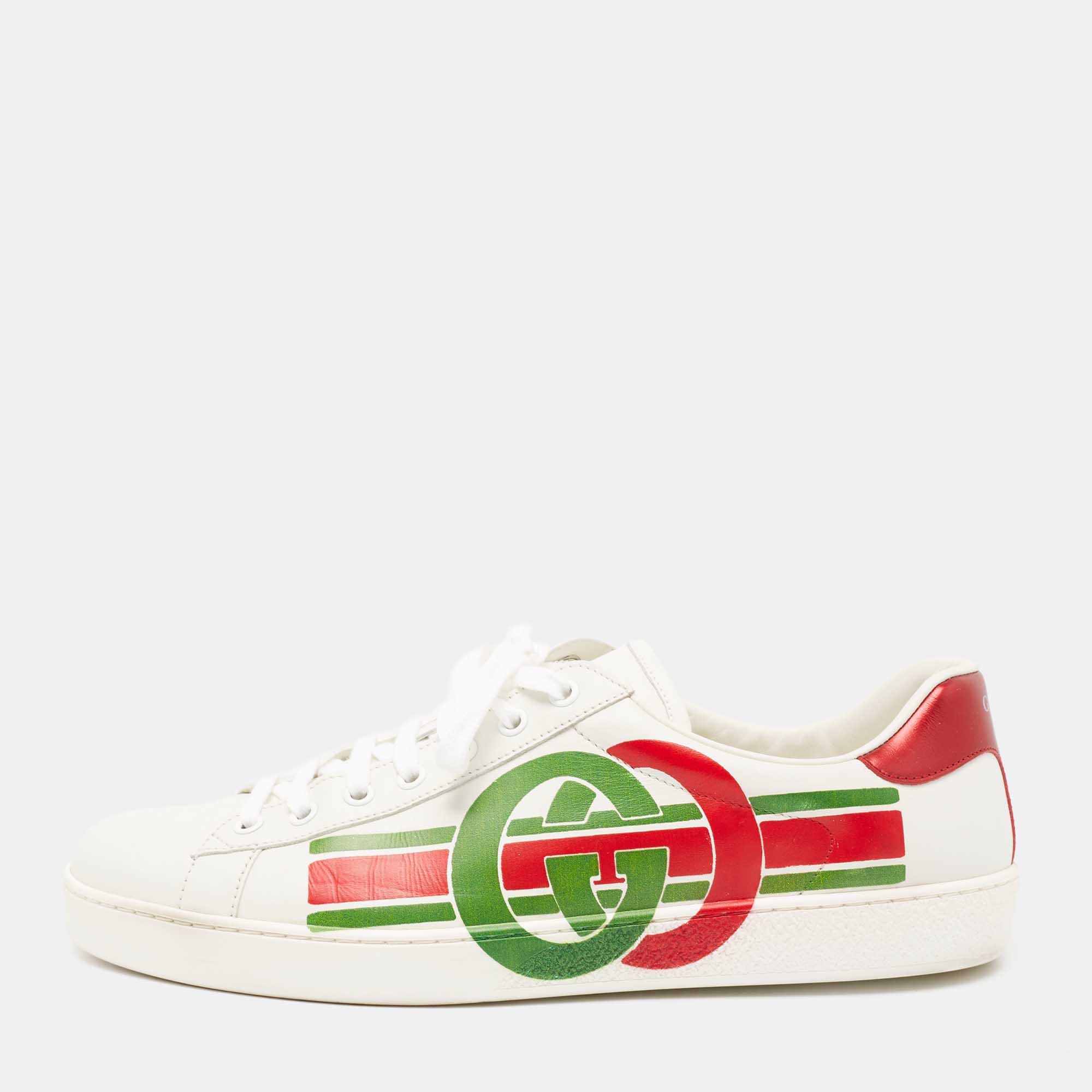 مملوكة مسبقًا Gucci White Leather Interlocking G Ace Low Top Sneakers  Size 43