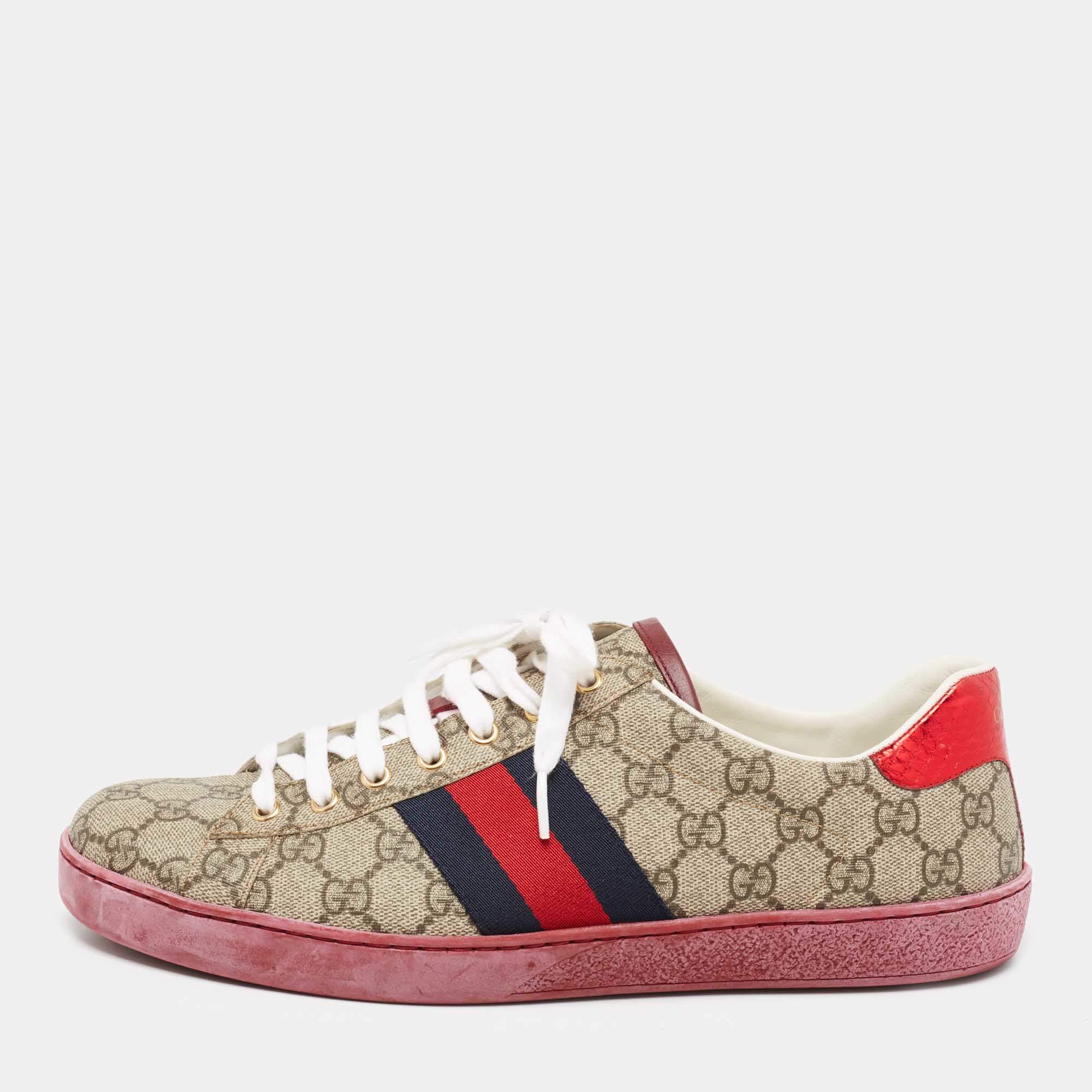 Gucci Brown GG Supreme Canvas Ace Low Top Sneakers Size 44