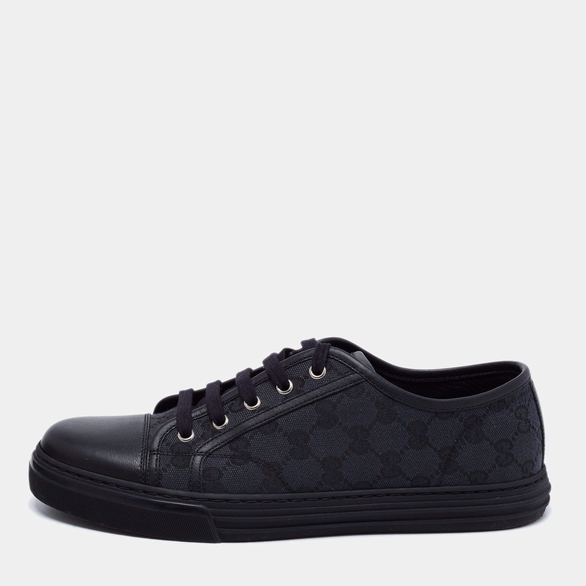 Gucci Black Leather And GG Canvas Low Top Sneakers Size 41