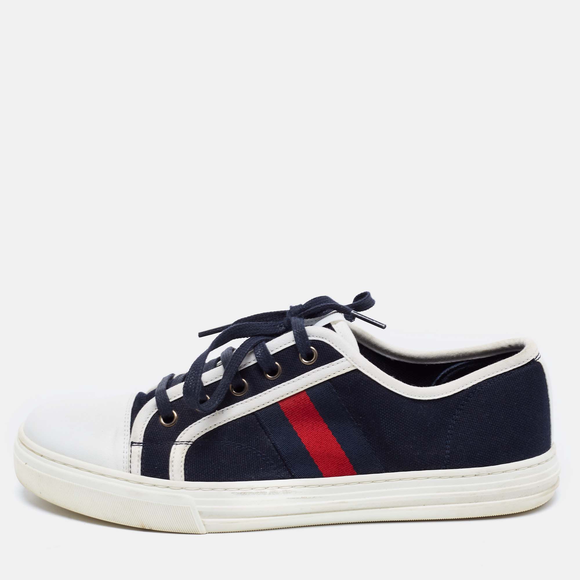 Pre Owned Gucci Navy Blue Leather And Canvas Web Detail Lace Up Sneakers Size 40