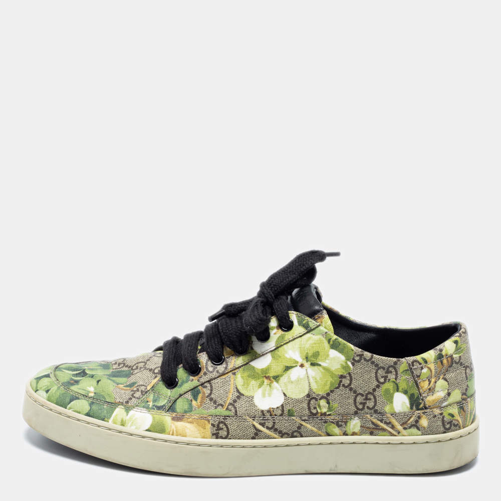 Pre Owned Gucci Green/Beige Flower Print GG Supreme Canvas Lace Up Low Top Sneakers Size 44