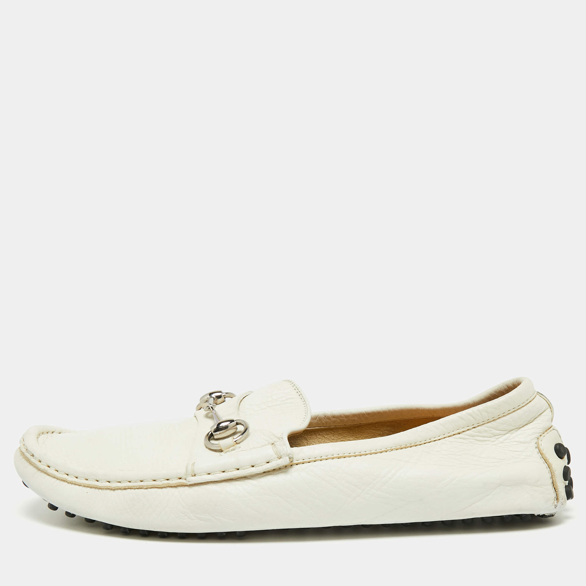 Pre Owned Gucci White Leather Horsebit Slip On Loafers Size 41