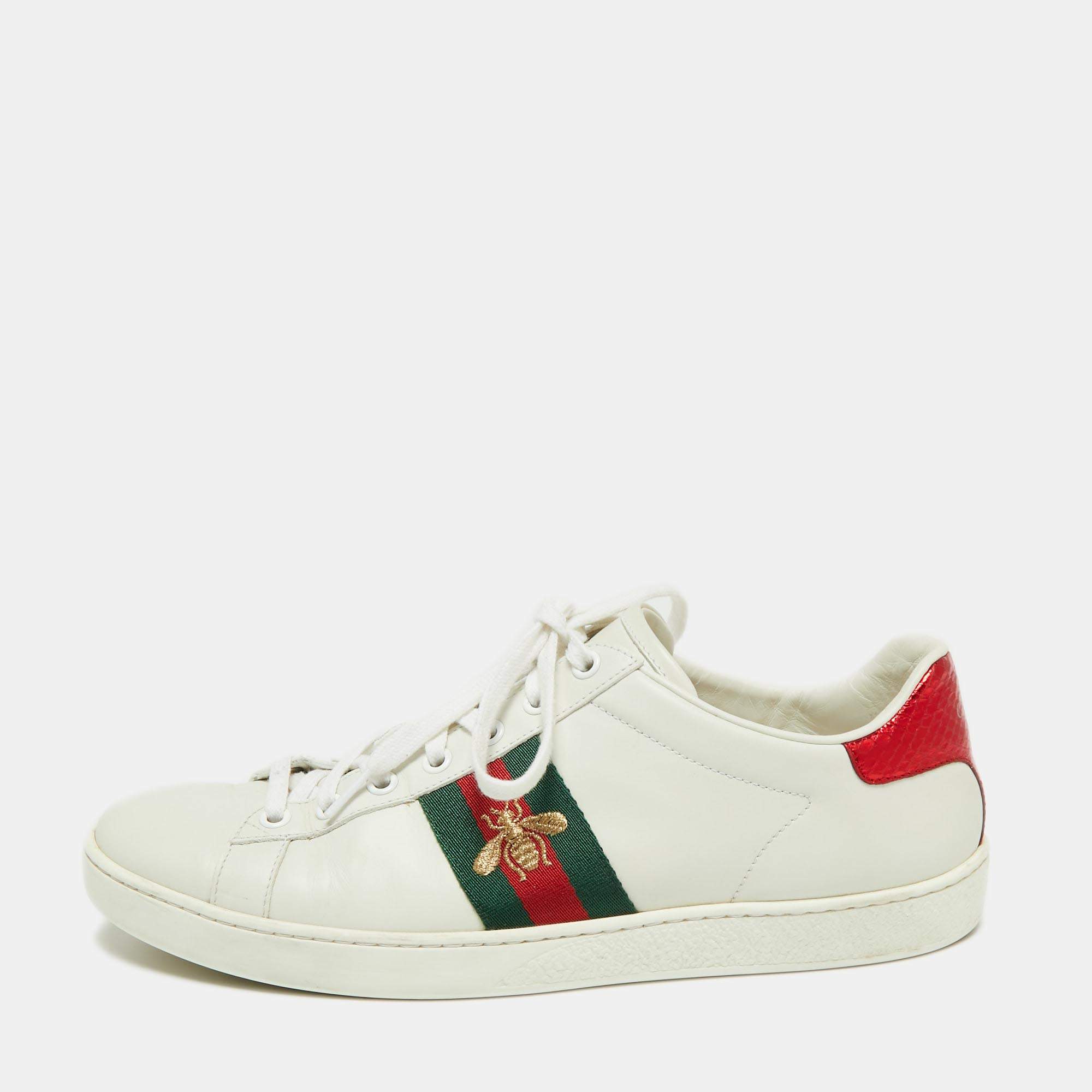 Gucci White Leather And Python Embossed Leather Ace Bee Web Low Top Sneakers Size 39.5 