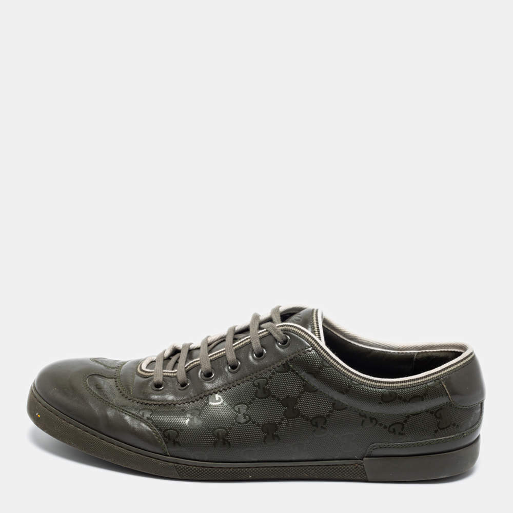 Pre Owned Gucci Olive Green Leather and GG Imprime Coated Canvas Low-Top Sneakers Size 45.5