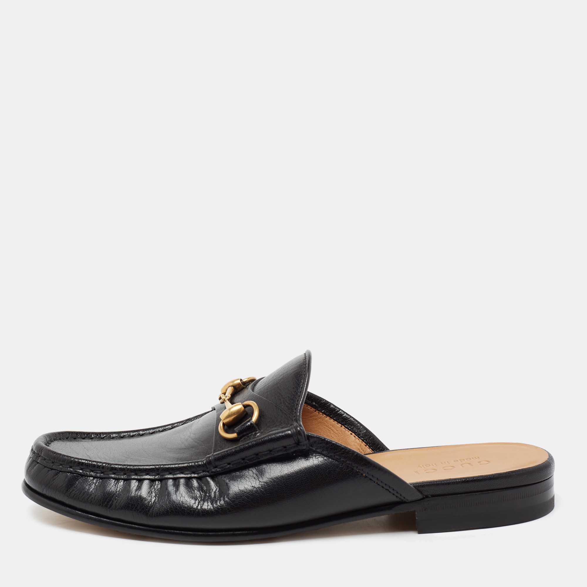 Pre Owned Gucci Black Leather Horsebit Mules Size 42.5