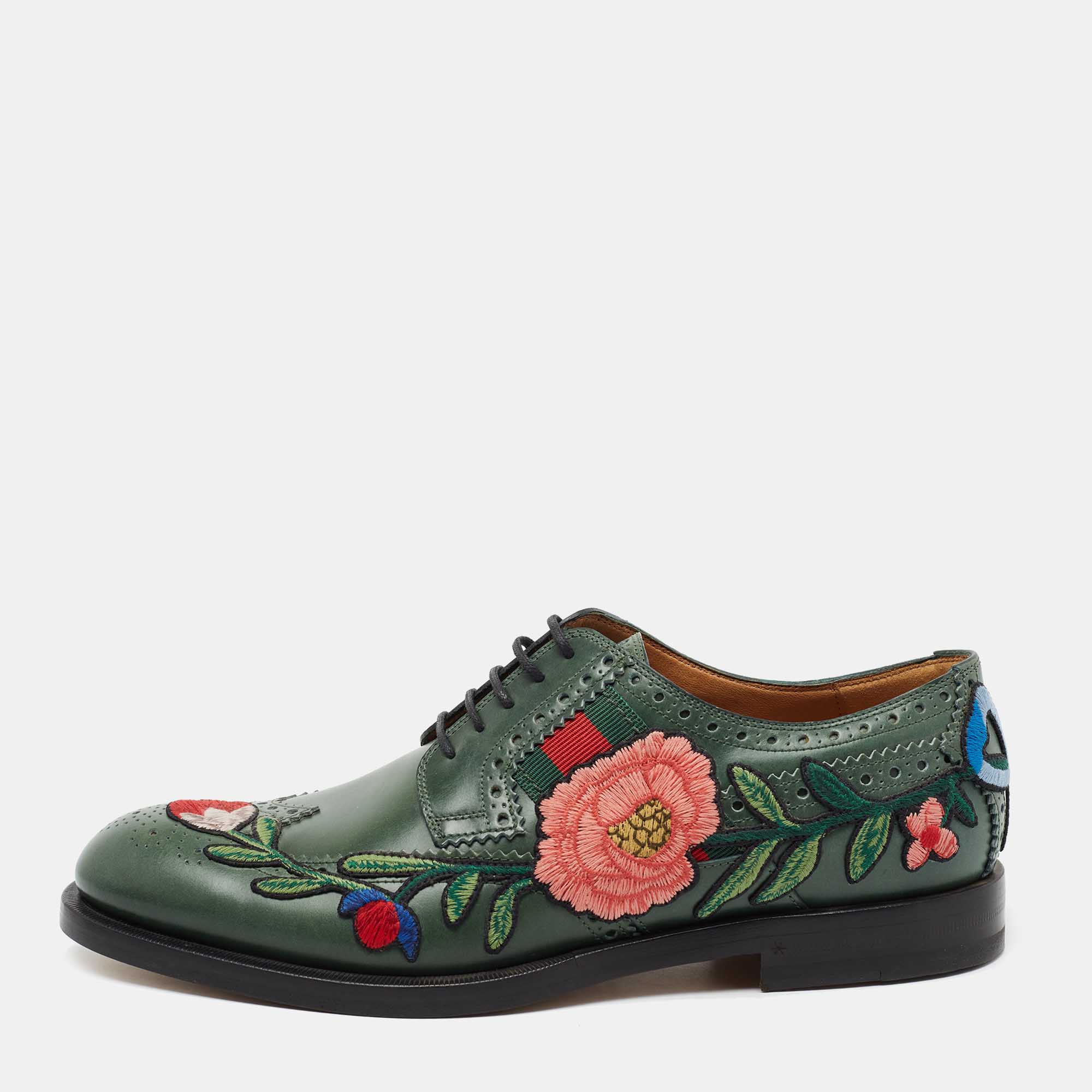 Pre Owned Gucci Green Leather Web Accent Leather Brogues Oxford Size 42