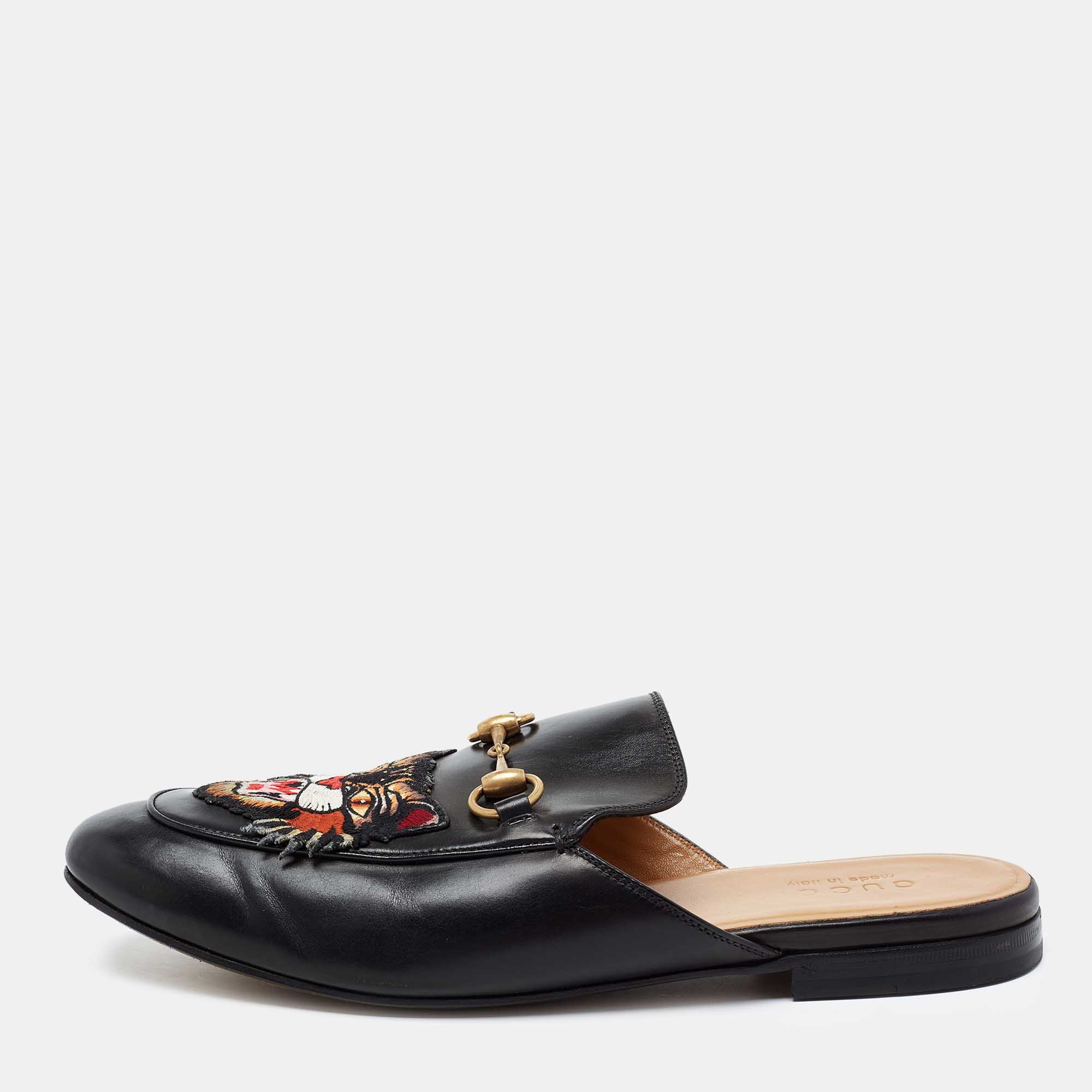 Gucci Black Tiger Patch Leather Princetown Horsebit Flat Mules Size 43