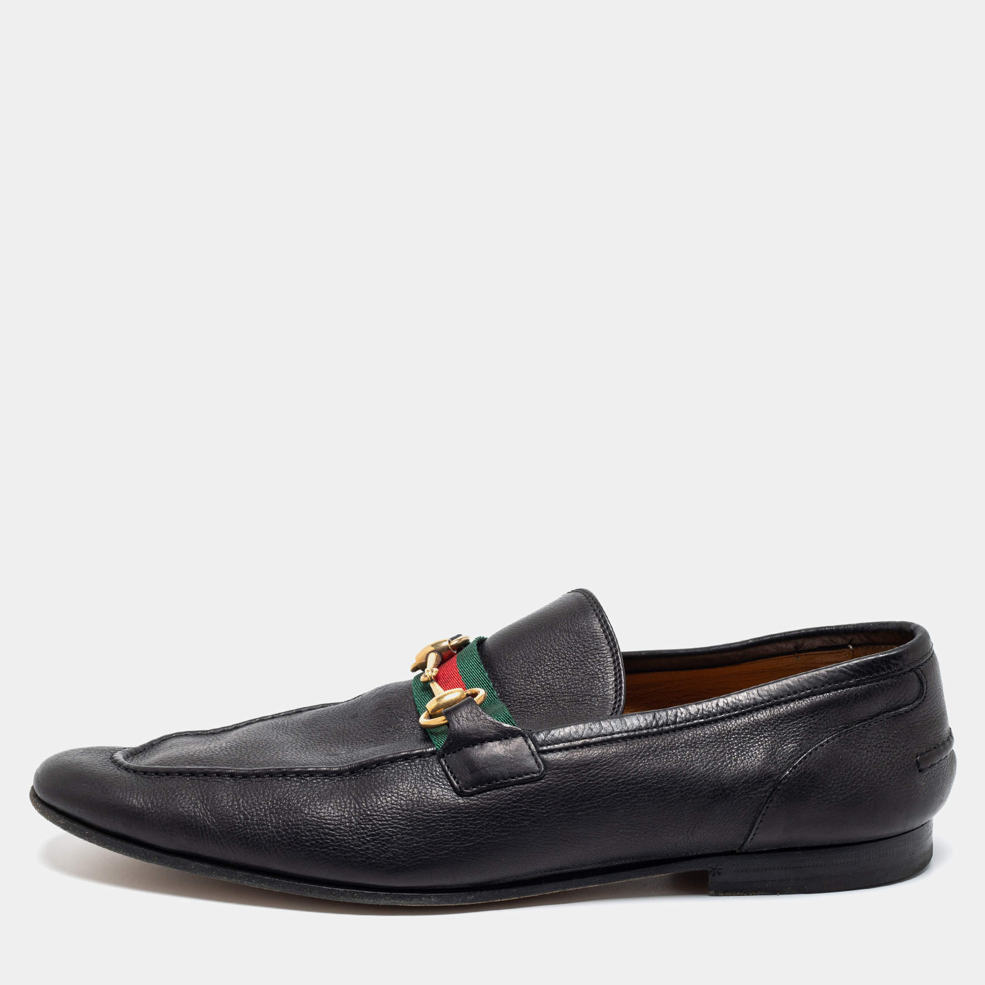 Gucci Black Leather Web Horsebit Loafers Size 43