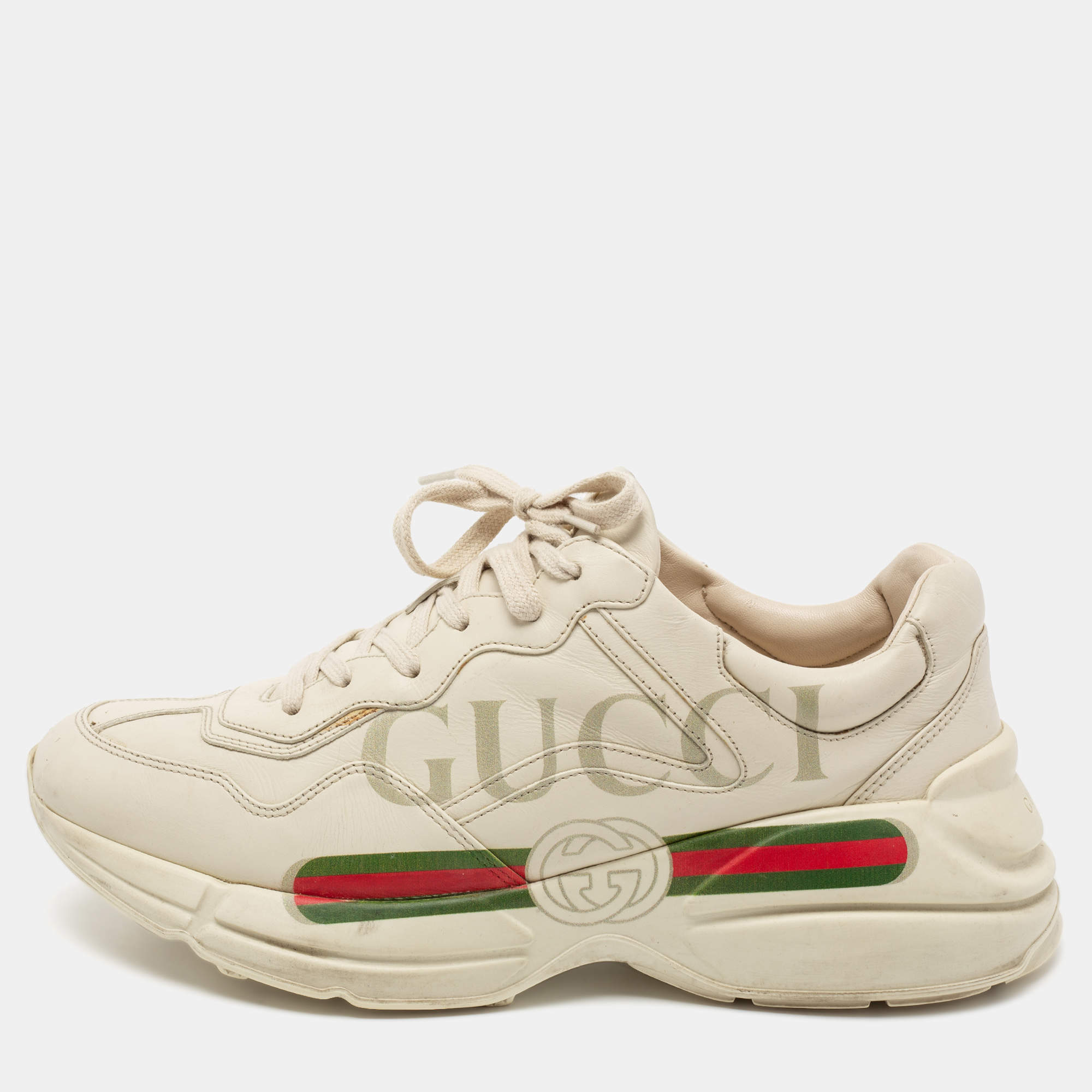 مملوكة مسبقًا Gucci Cream Leather Rhyton Lace Up Sneakers  Size 43.5