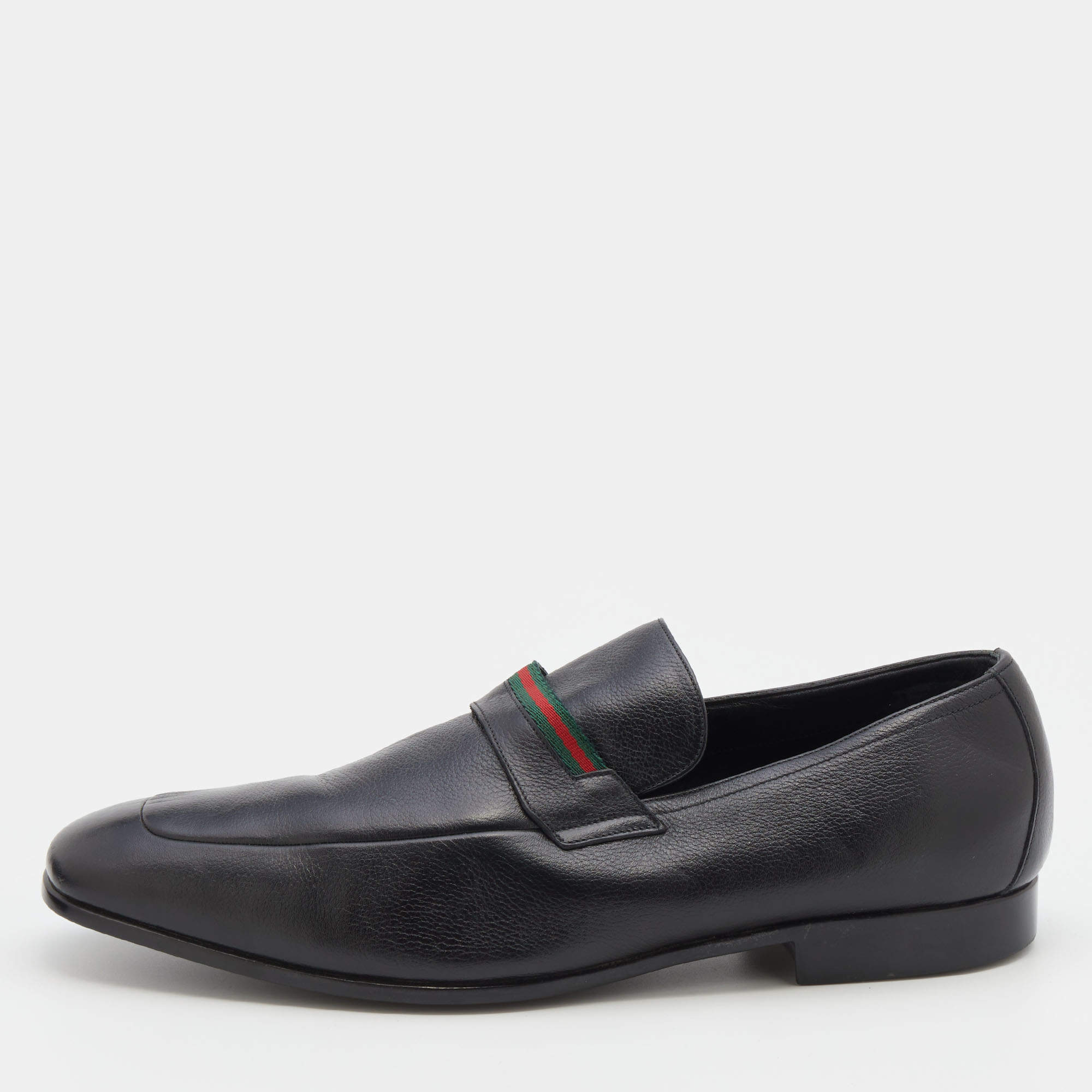Gucci Black Leather Web Slip On Loafers Size 44.5