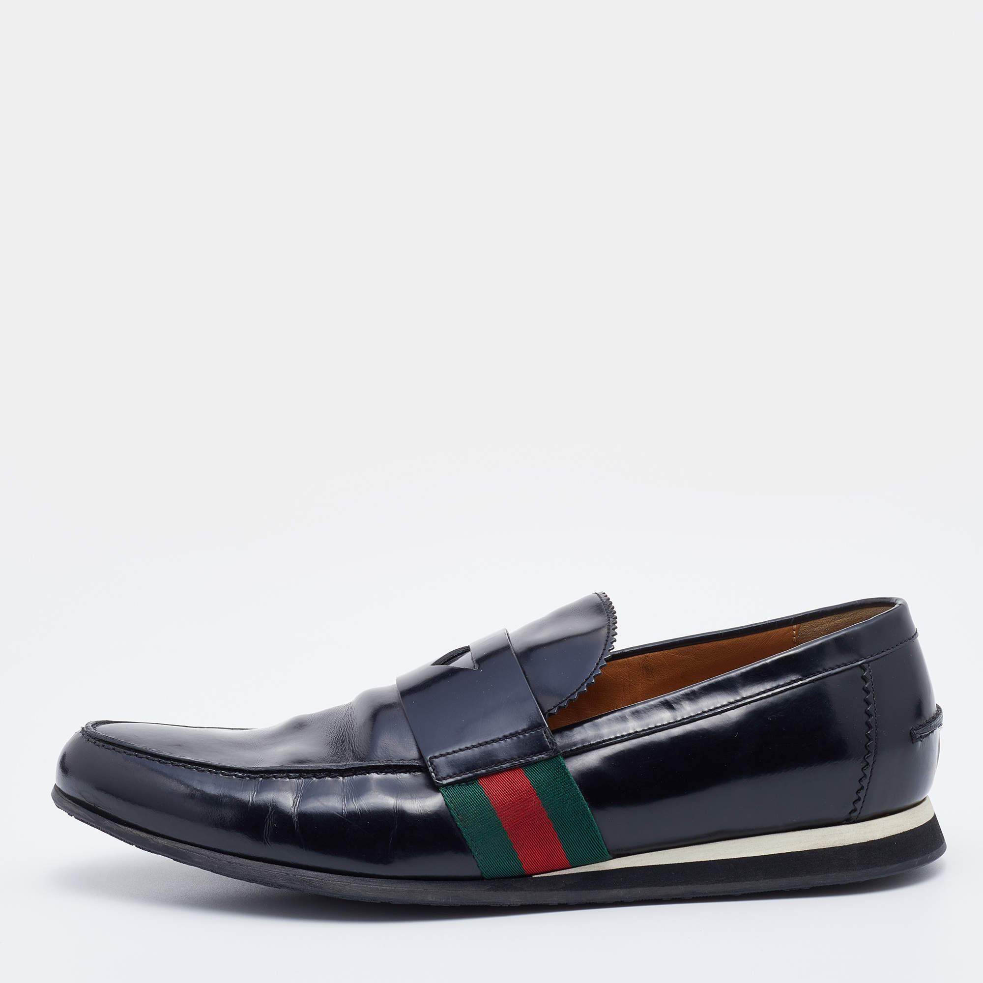 Gucci Black Leather Web Penny Slip On Loafers Size 42.5