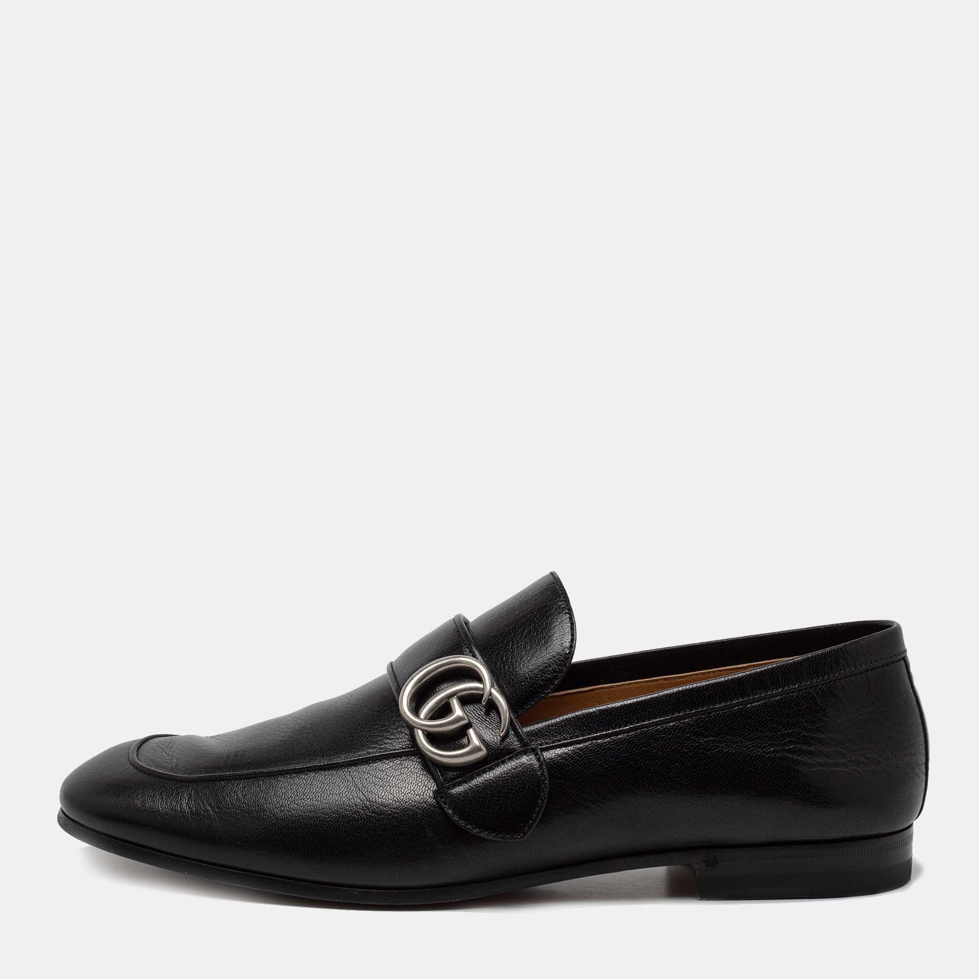 Pre Owned Gucci Black Leather GG Marmont Loafers Size 41.5