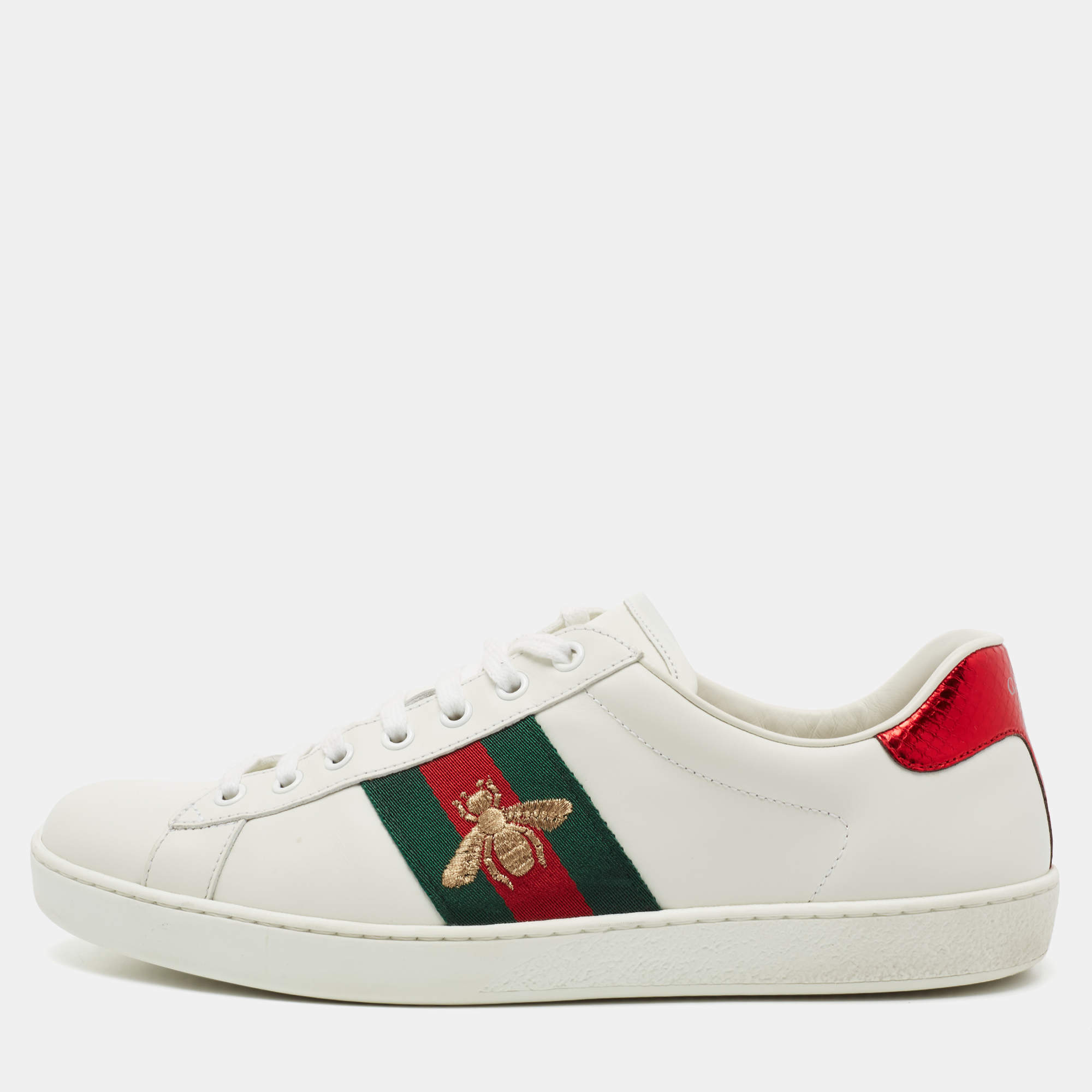 Gucci White Leather Embroidered Bee Ace Low-Top Sneakers Size 43