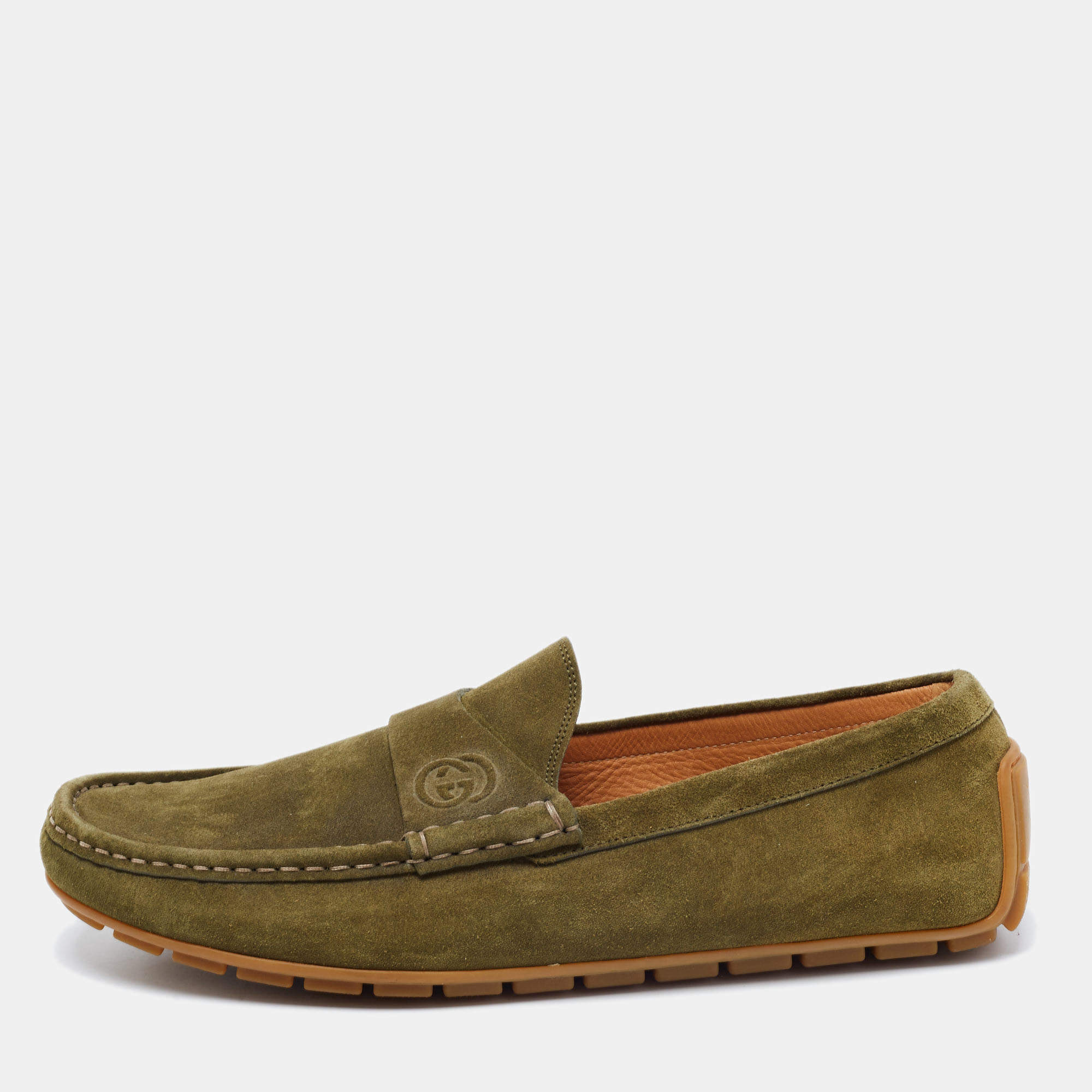مملوكة مسبقًا Gucci Olive Green Suede Penny Loafers Size 45