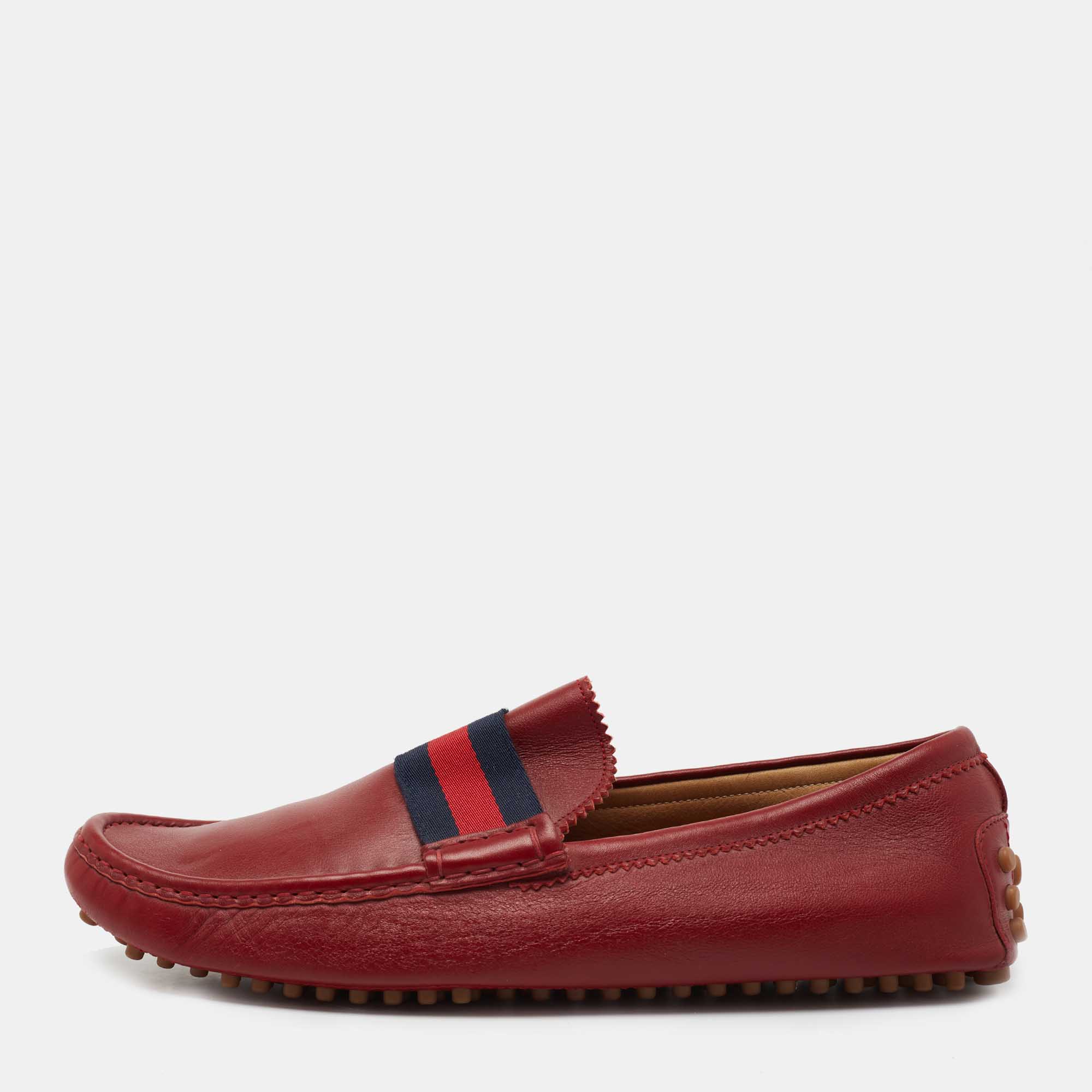 Gucci Red Leather New Auger Sylvie Web Loafers Size 45