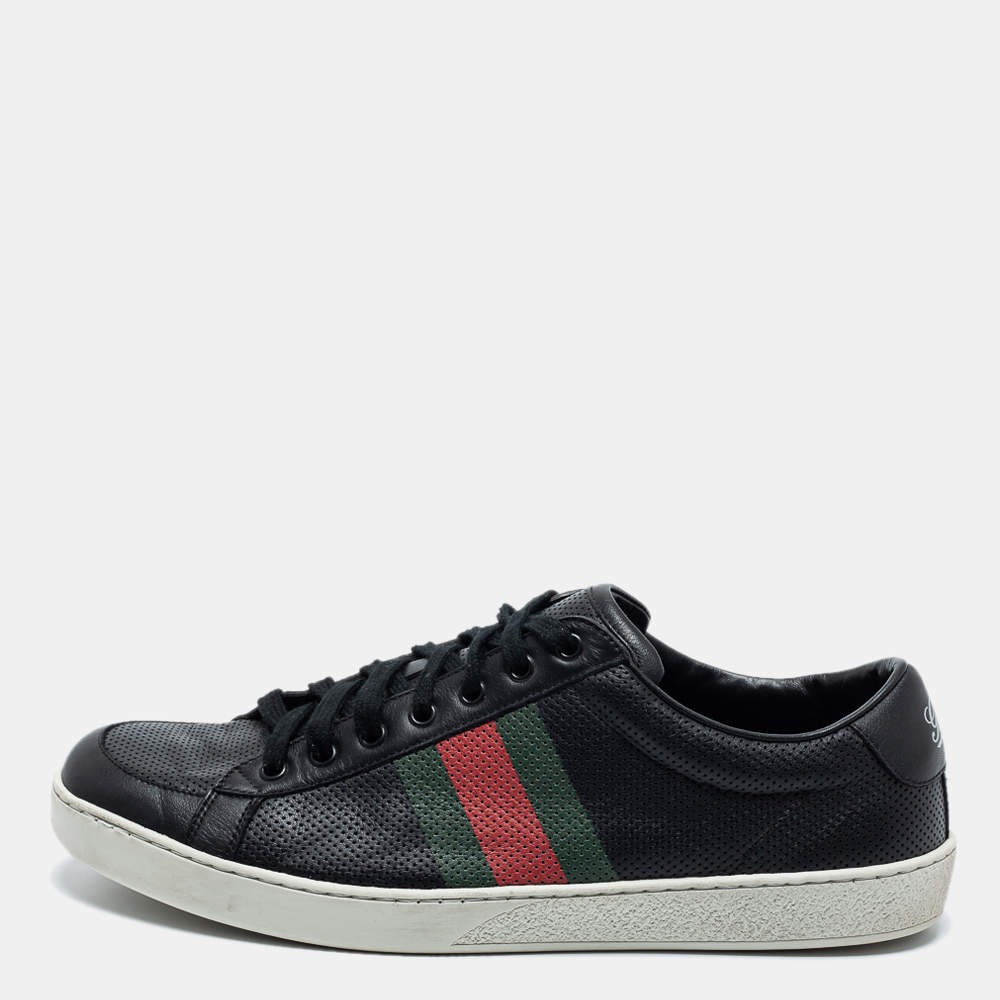 مملوكة مسبقًا Gucci Black Perforated Leather Web Detail Low Top Sneakers Size 44 