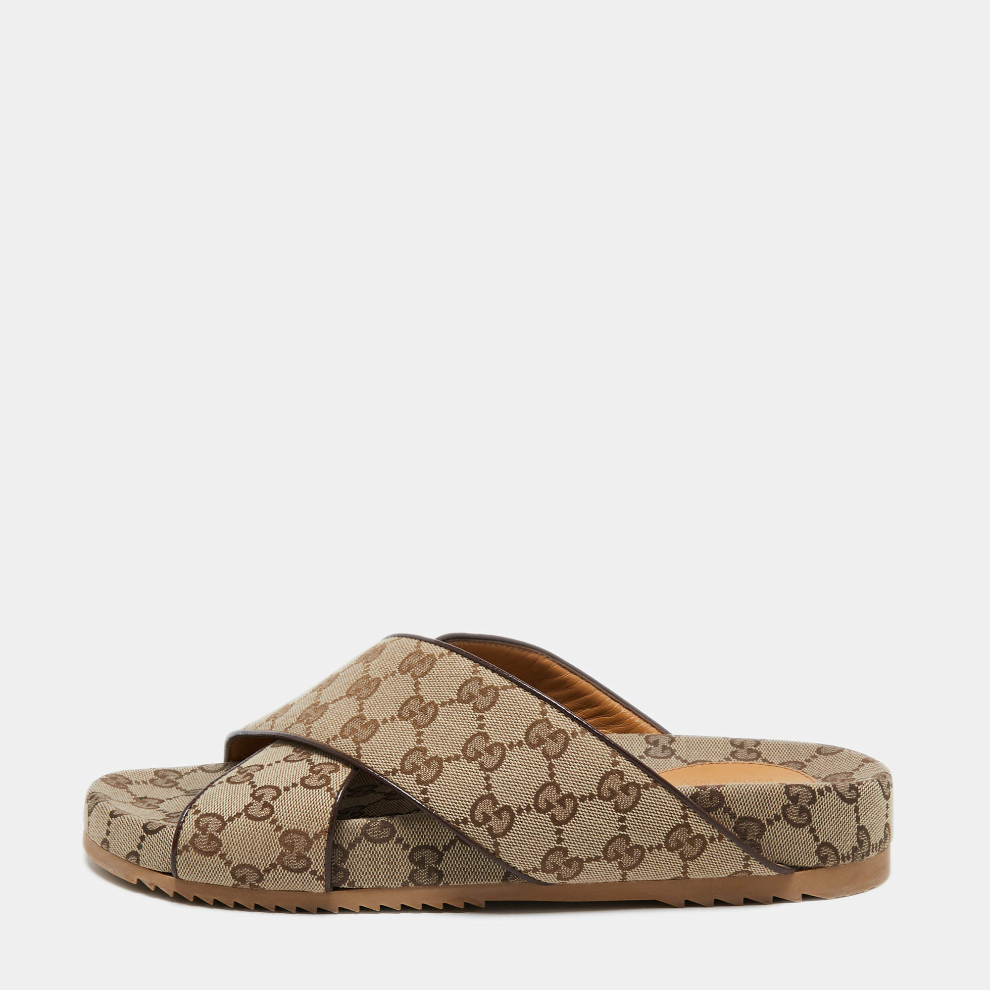 Pre Owned Gucci Beige/Brown GG Canvas And Leather Criss Cross Flat Slides Size 45