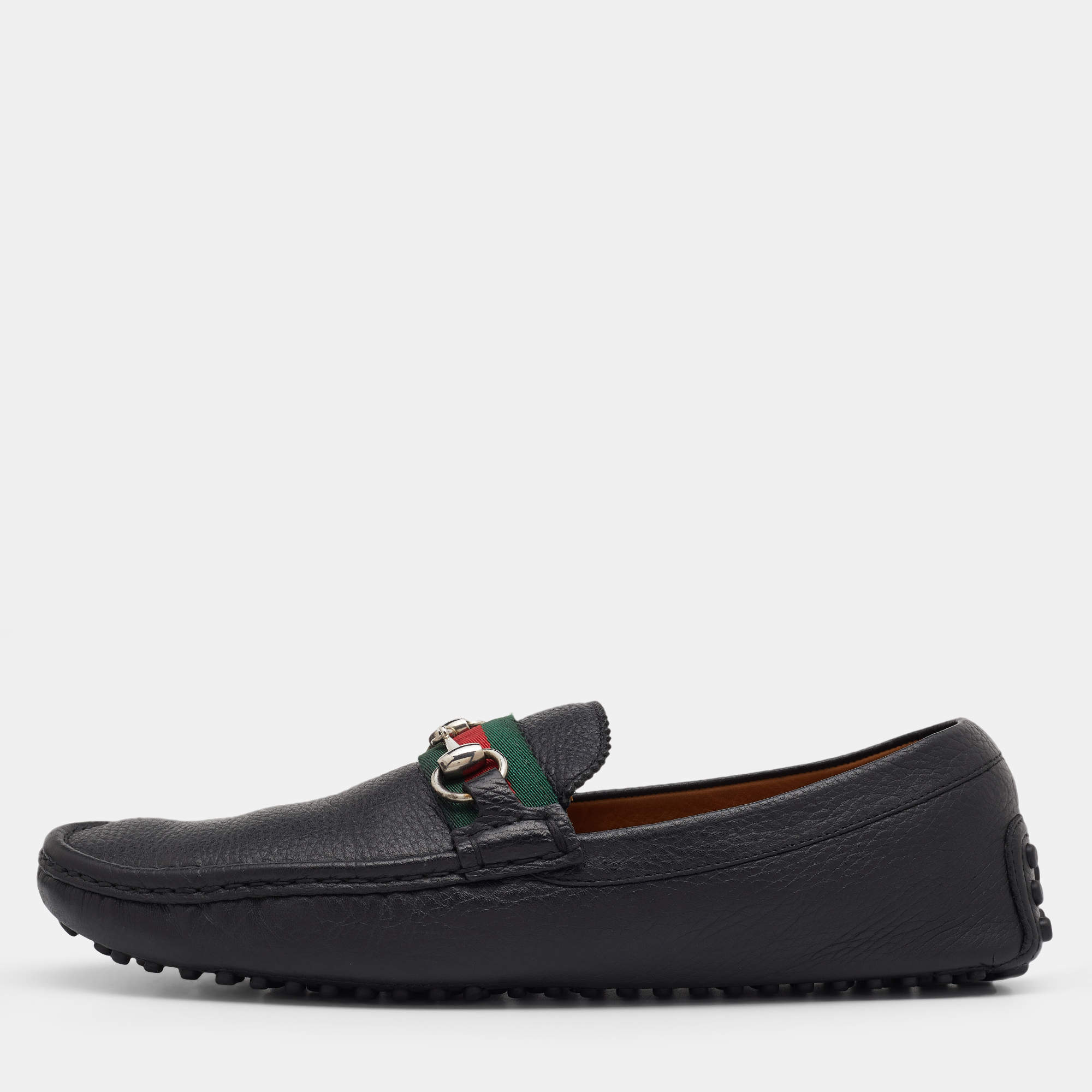 Gucci Black Leather Web Horsebit Slip On Loafers Size 43