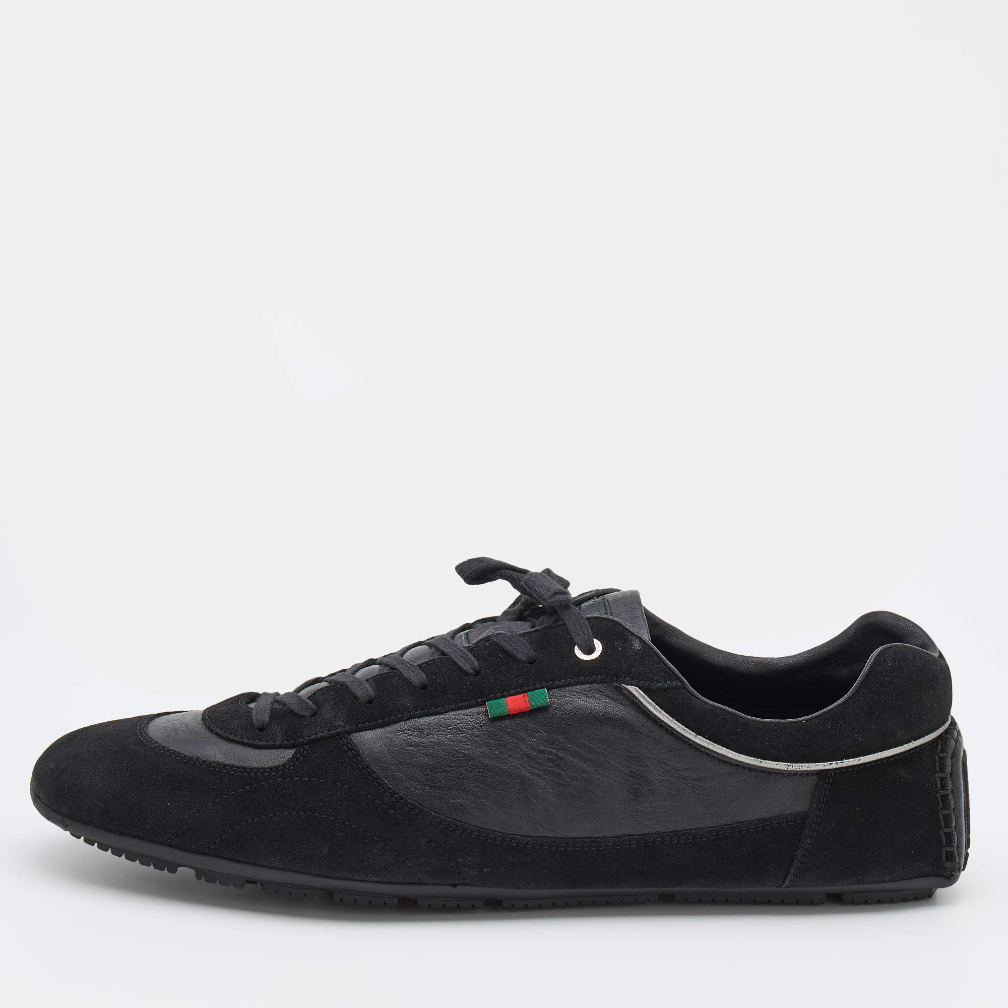 مملوكة مسبقًا Gucci Black Suede And Leather Web Low Top Sneakers Size 47