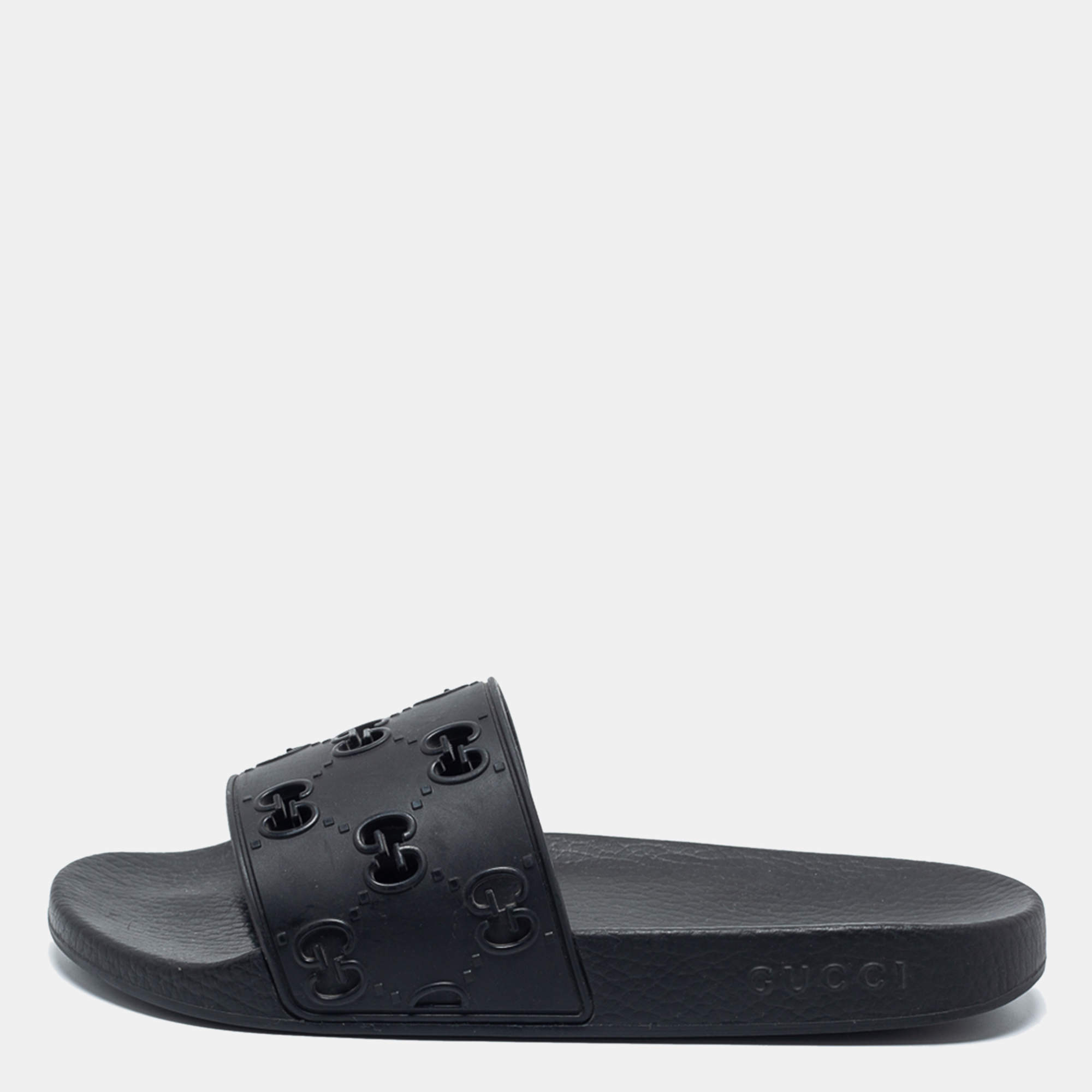 Gucci Black GG Laser Cut Rubber Slides Size 42