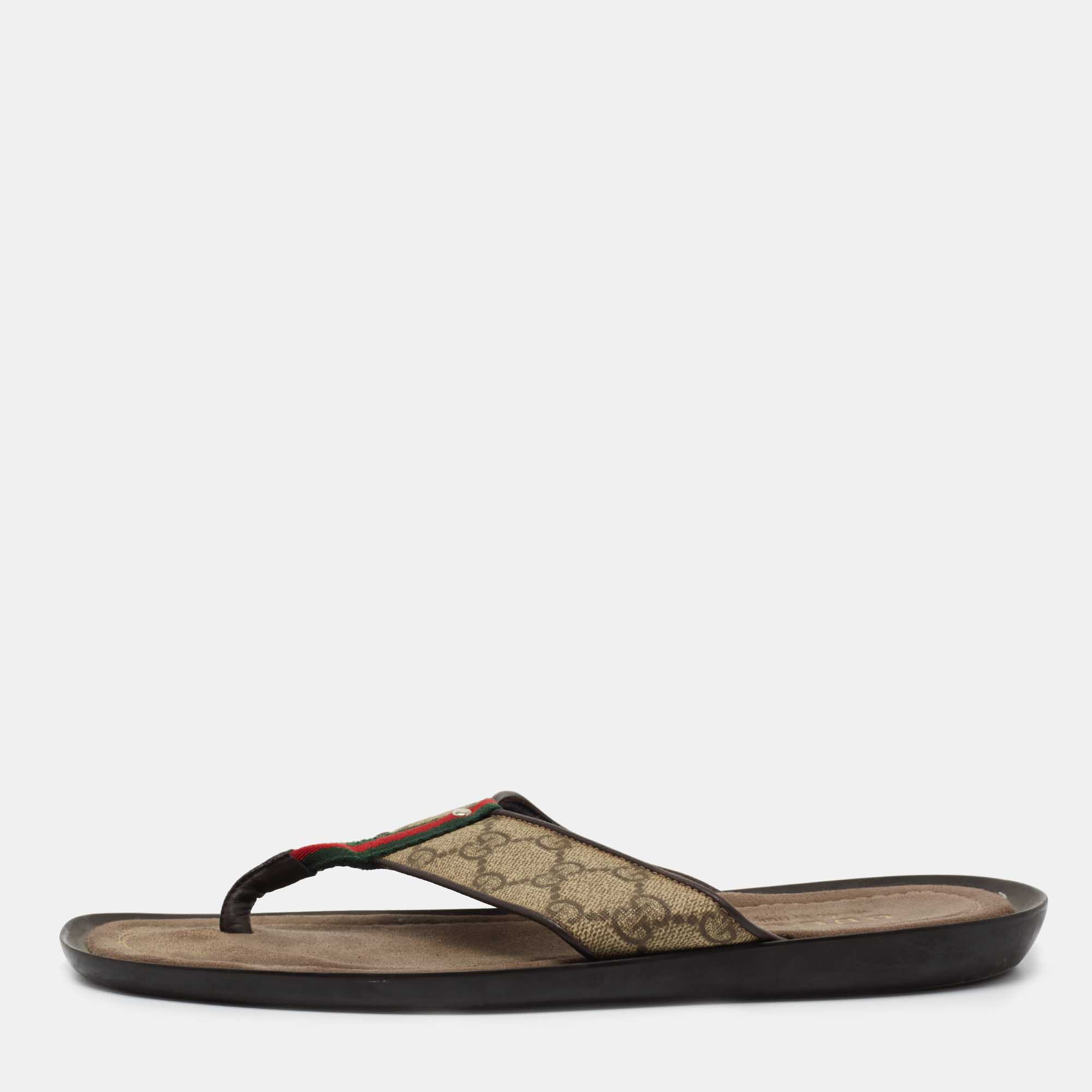Gucci Beige/Brown GG Supreme Canvas Web Thong Flats Size 41